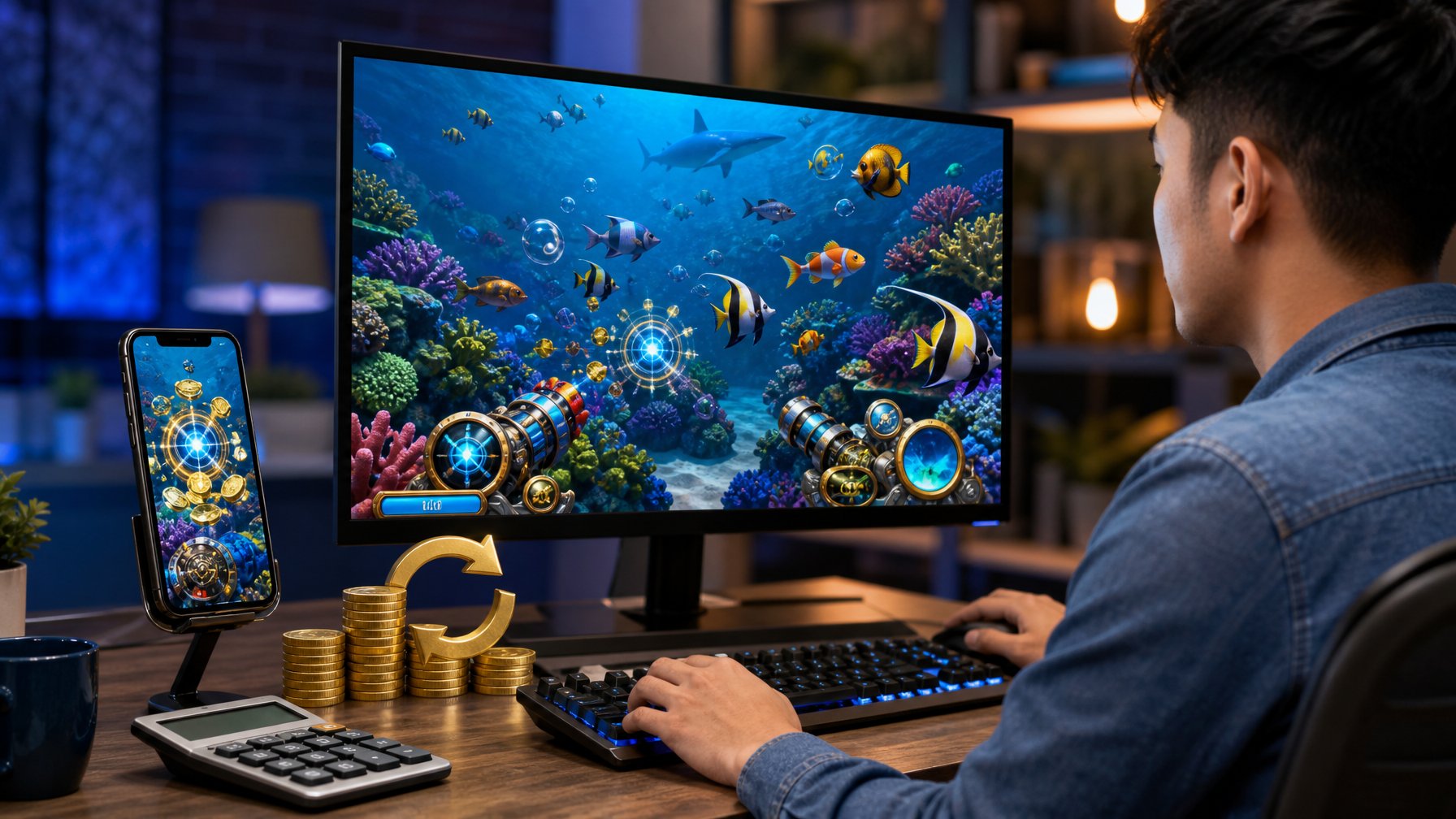Orang dewasa menggunakan komputer dengan tampilan permainan ikan 3D, disertai ponsel dan koin sebagai simbol hadiah cashback mingguan.