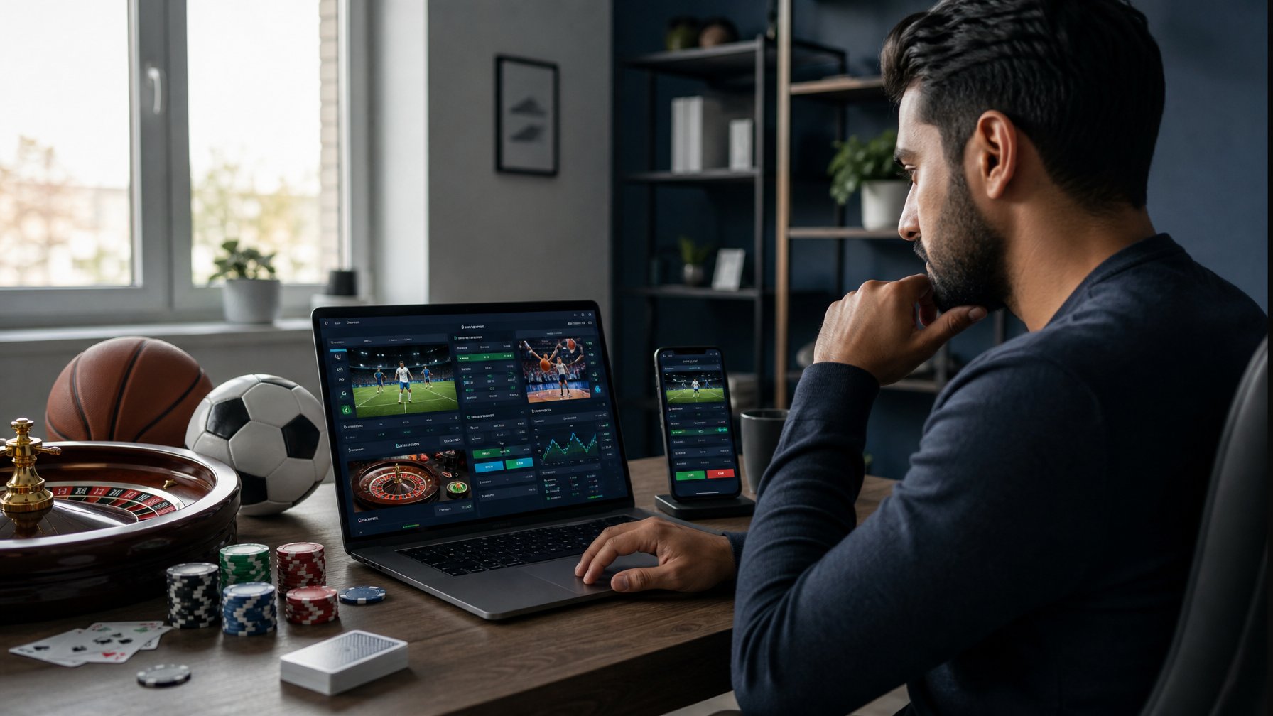 Orang dewasa mempelajari antarmuka kasino langsung dan analisis olahraga di laptop dan ponsel, dengan kartu, keping poker, roda roulette, serta bola olahraga di meja.