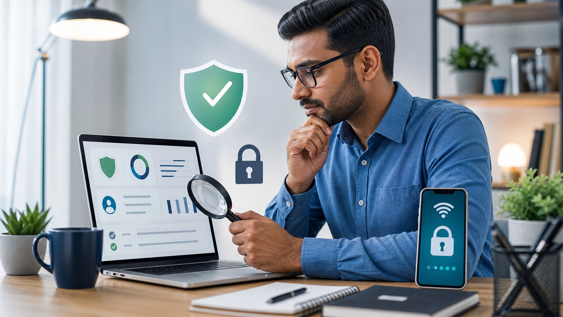 Orang dewasa memeriksa platform taruhan daring melalui laptop dengan simbol keamanan, kunci, dan verifikasi di meja kerja modern.