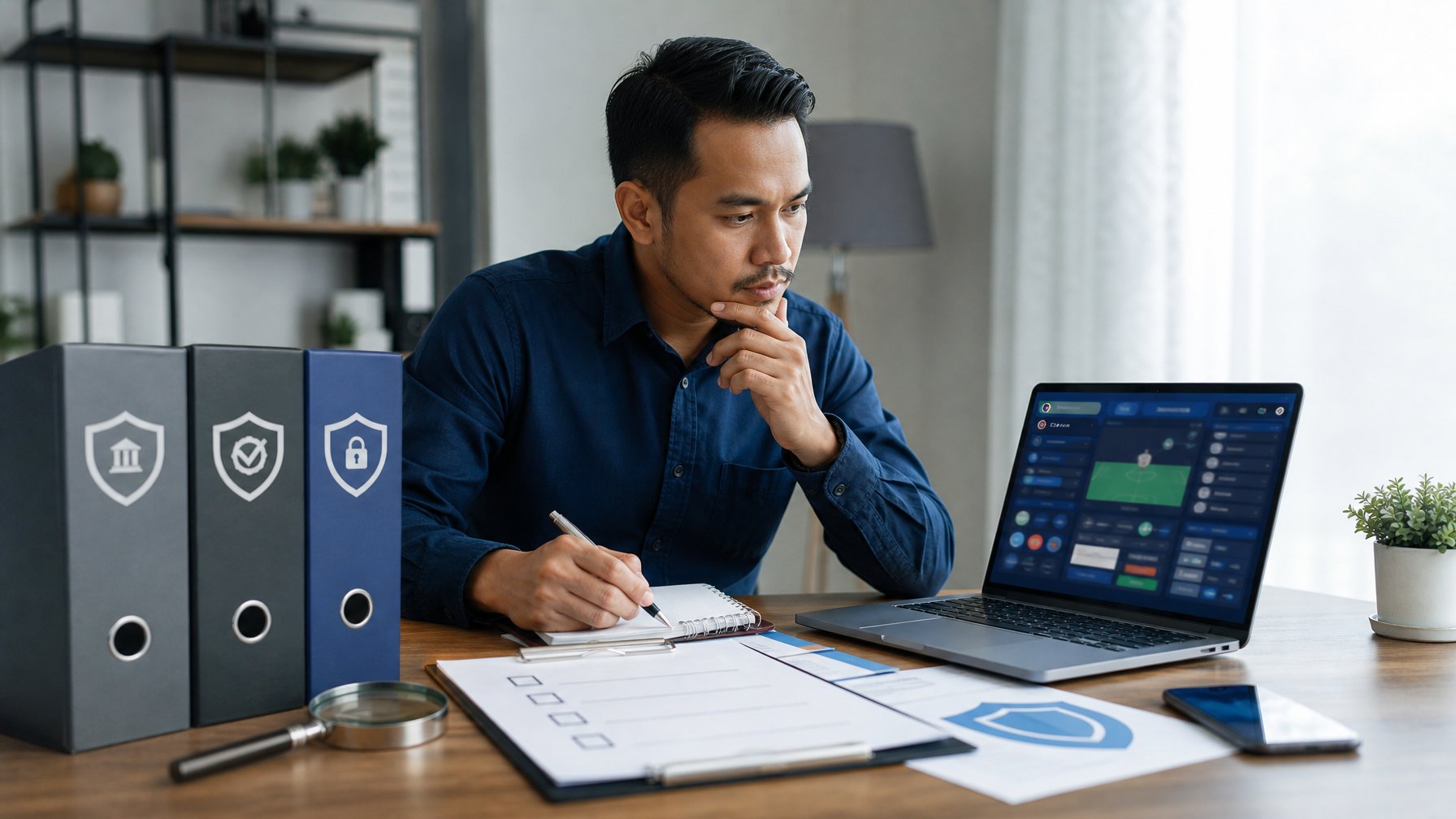 Seseorang memeriksa legalitas dan reputasi platform taruhan online menggunakan laptop, dokumen, dan simbol keamanan.