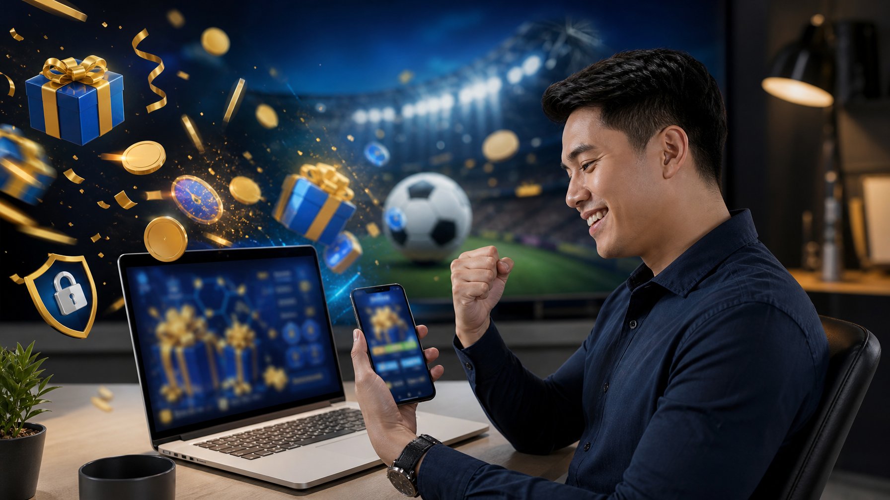 Orang dewasa melihat platform olahraga digital dengan hadiah, koin emas, dan kotak bonus di meja modern.