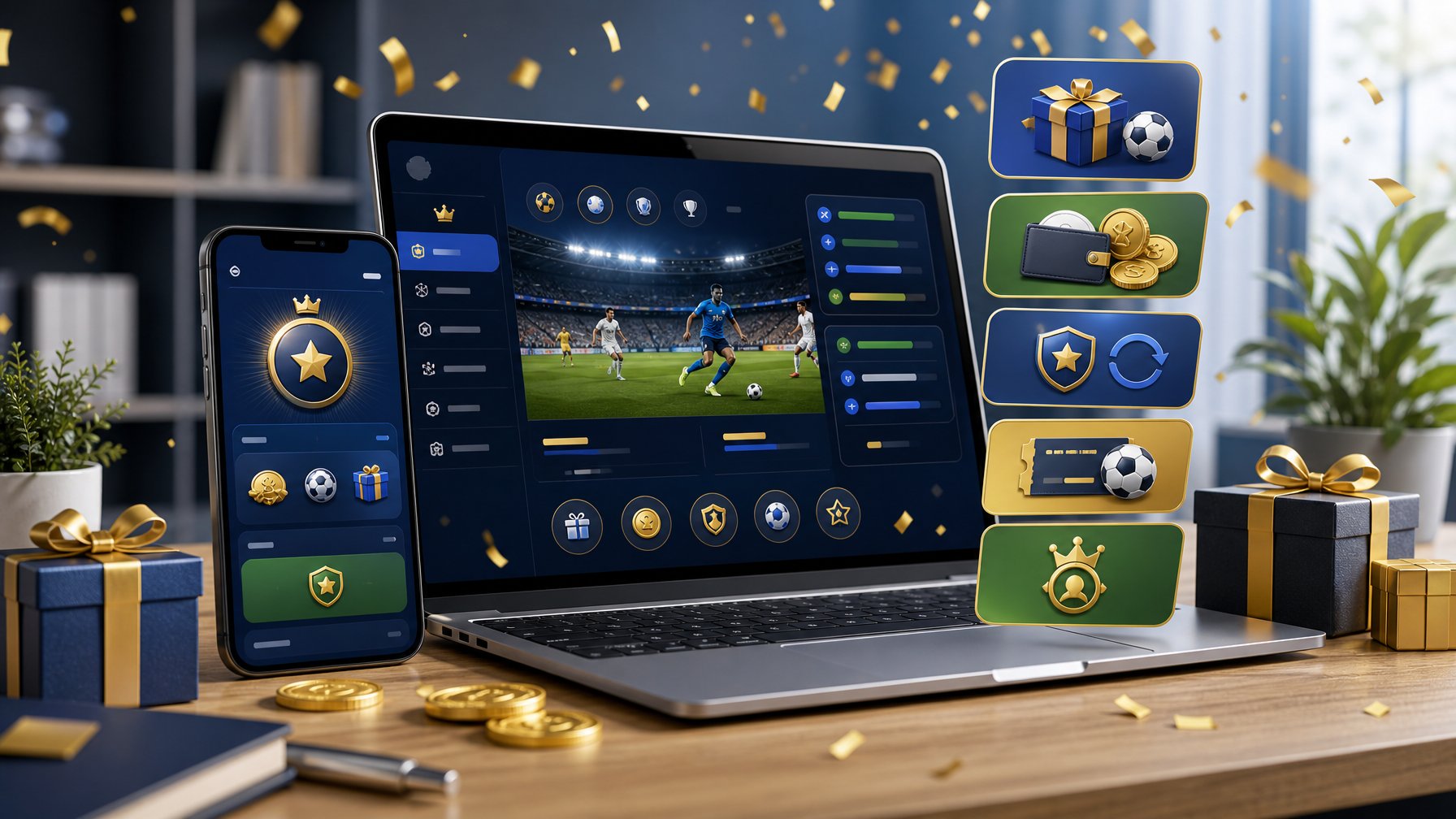 Laptop dan ponsel menampilkan antarmuka promosi olahraga dengan ikon hadiah, koin bonus, dan konfeti.