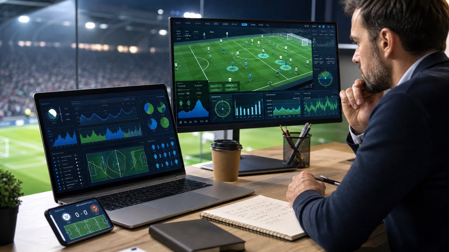 Analis memeriksa data pertandingan sepak bola di laptop dan monitor dalam ruang kerja modern.