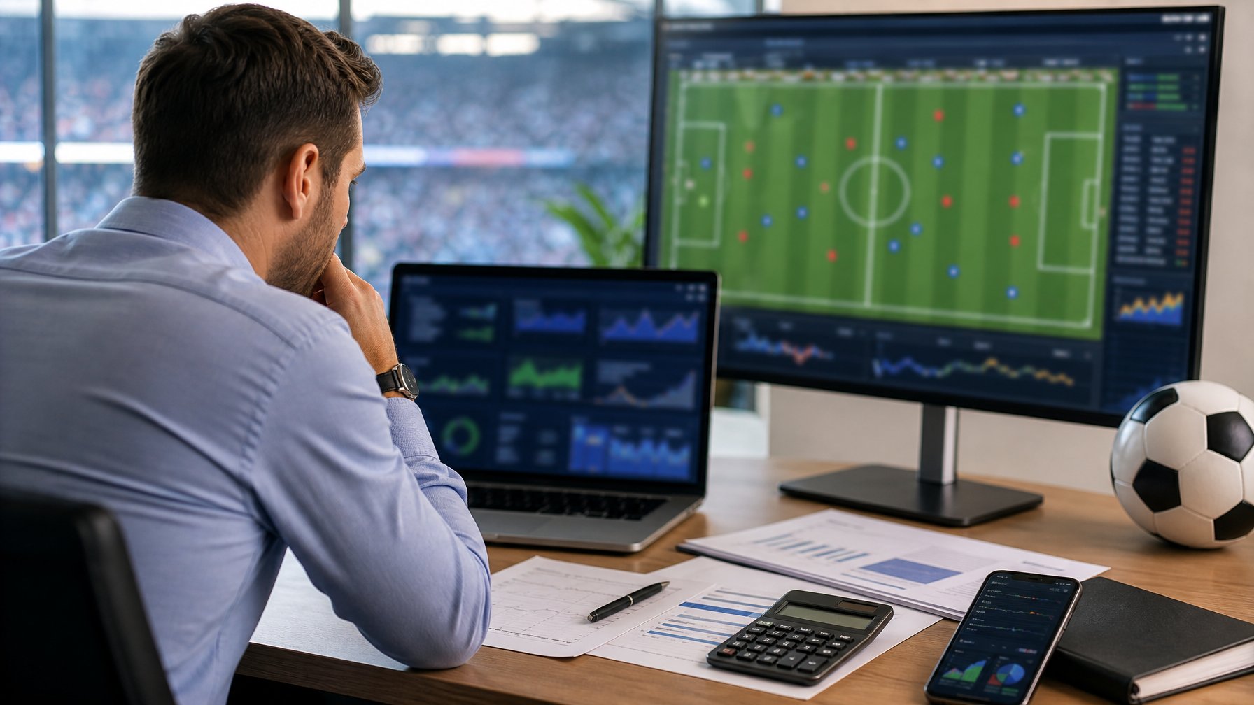 Seorang analis mempelajari data pertandingan sepak bola di ruang kerja modern dengan laptop, grafik, dan bola sepak.