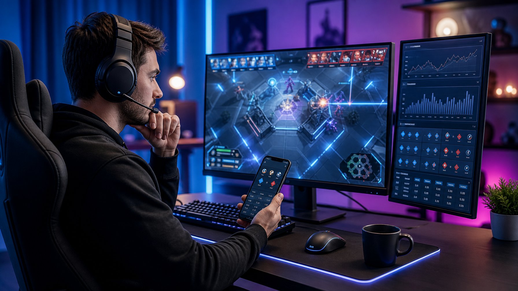 Seorang pemain e-sports mengenakan headset memantau pertandingan dan data statistik di meja komputer modern.