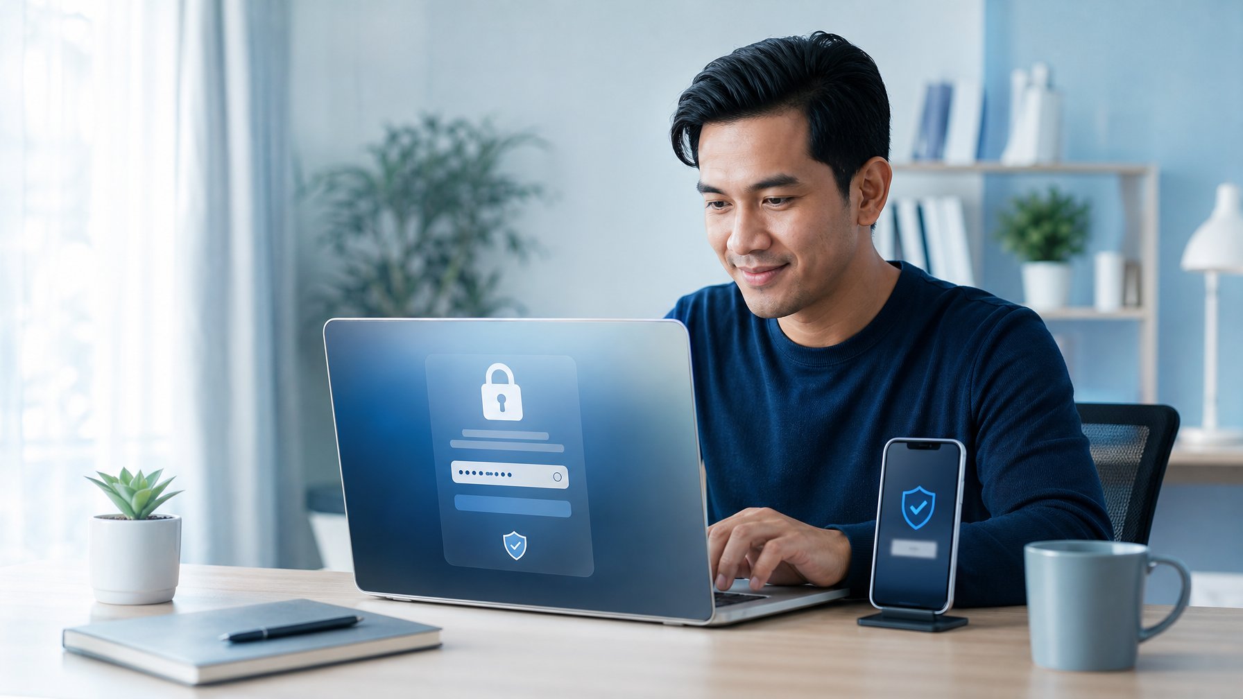 Seseorang menggunakan laptop untuk memulihkan akses akun dengan bantuan ponsel di meja kerja.