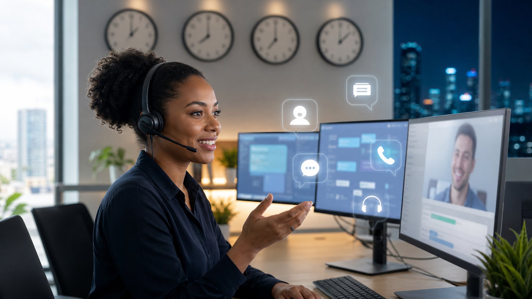 Petugas layanan pelanggan memakai headset membantu pengguna melalui beberapa saluran komunikasi di kantor modern.