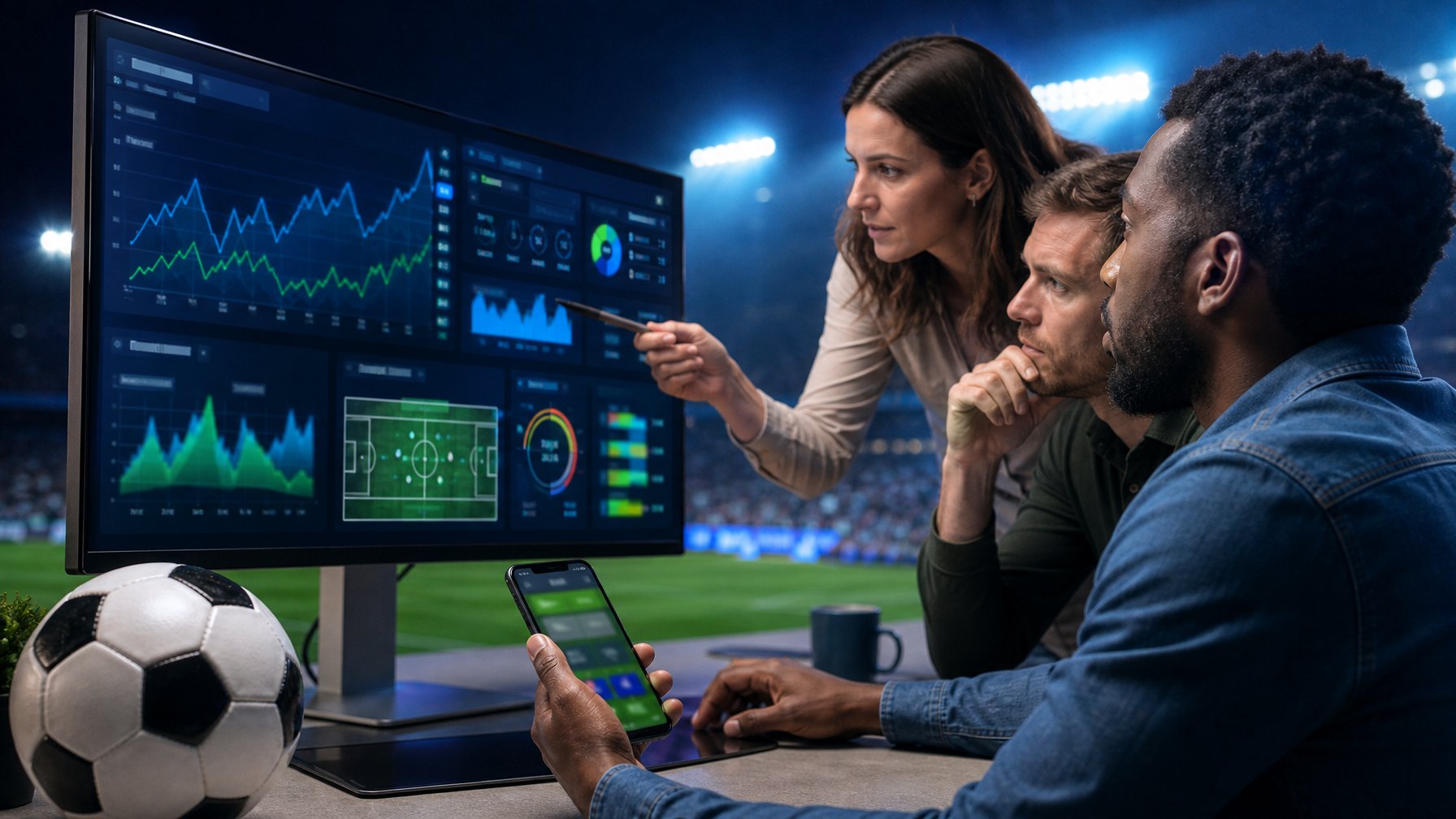 Orang dewasa menganalisis data pertandingan sepak bola melalui komputer dan ponsel di ruang kerja modern.