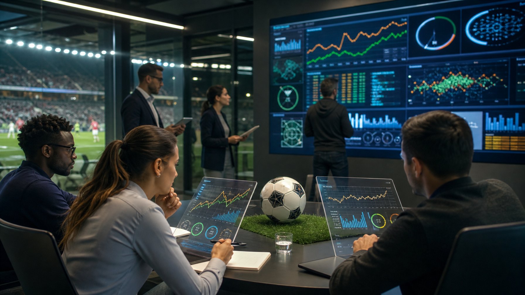 Analis dan penggemar sepak bola mengamati grafik abstrak tentang perubahan tren pasar dan perilaku pemain di lingkungan kerja modern.