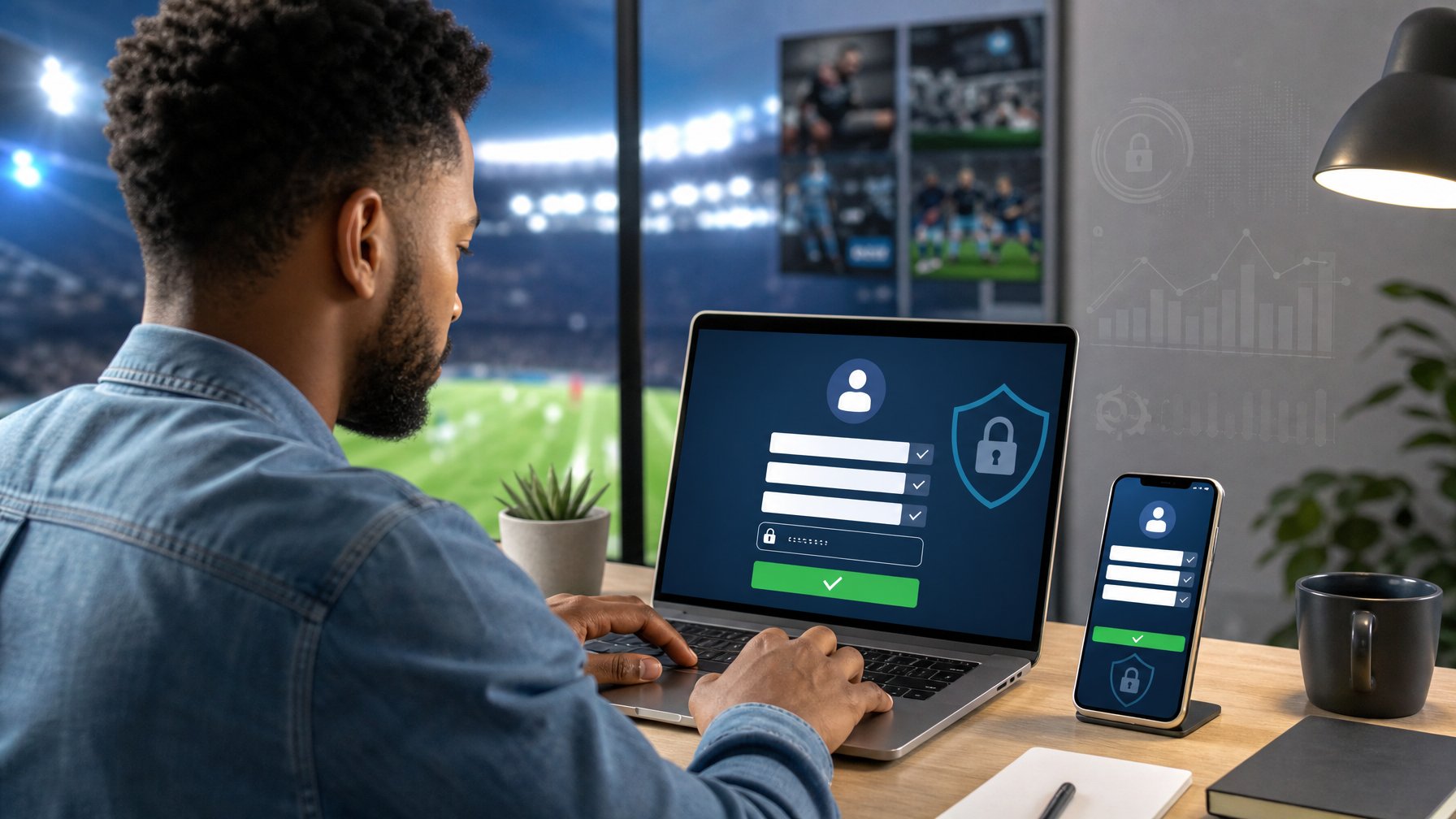 Orang dewasa mendaftarkan akun online melalui laptop dengan simbol keamanan digital di meja kerja modern.