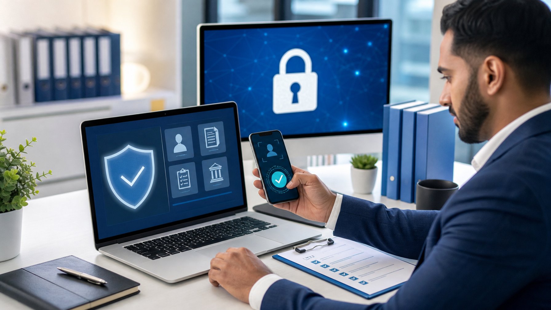 Seorang profesional memeriksa keamanan dan verifikasi legalitas platform digital menggunakan laptop dan ponsel.