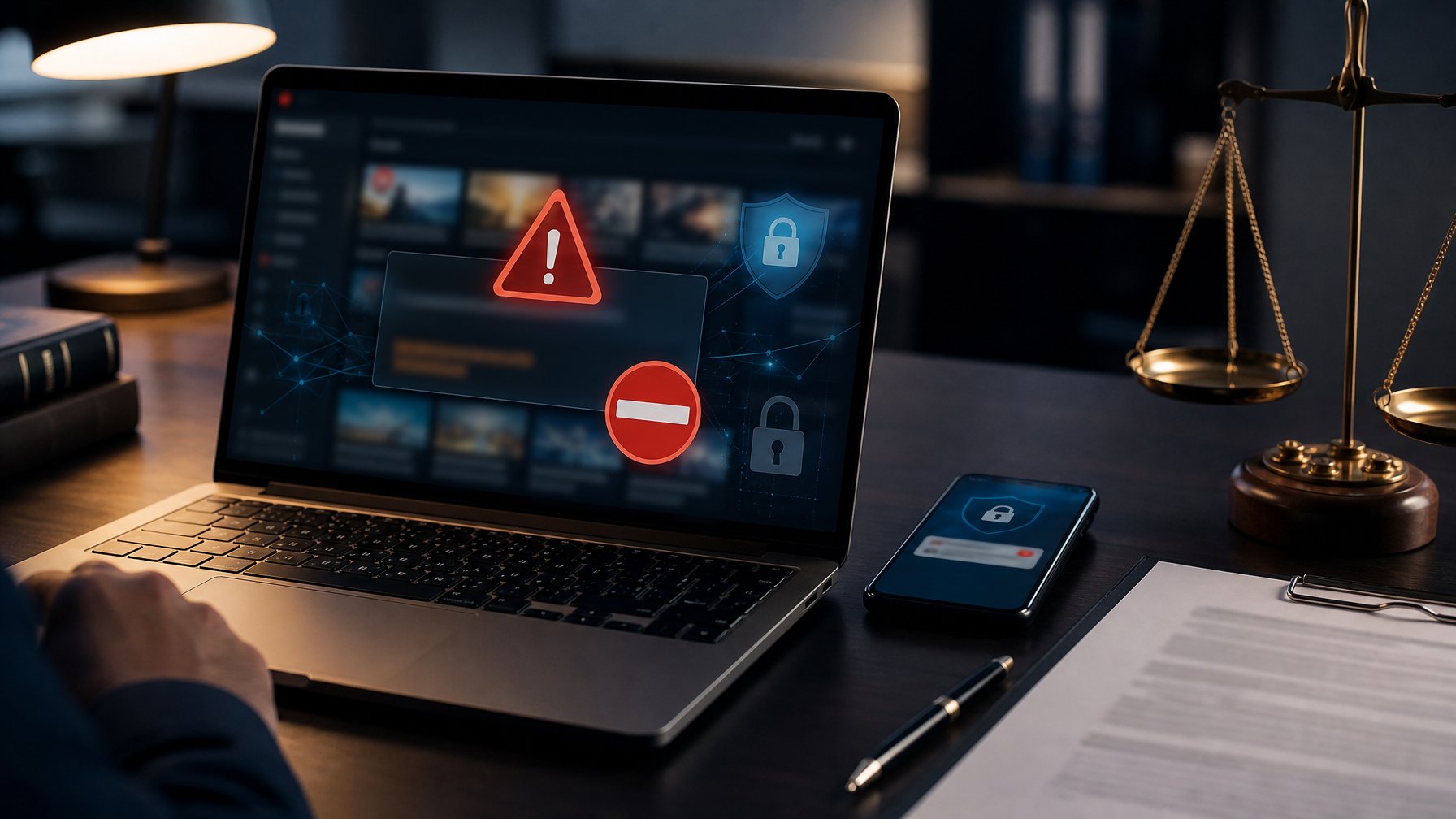 Laptop dan ponsel menampilkan tanda peringatan keamanan di samping dokumen hukum dan simbol timbangan.