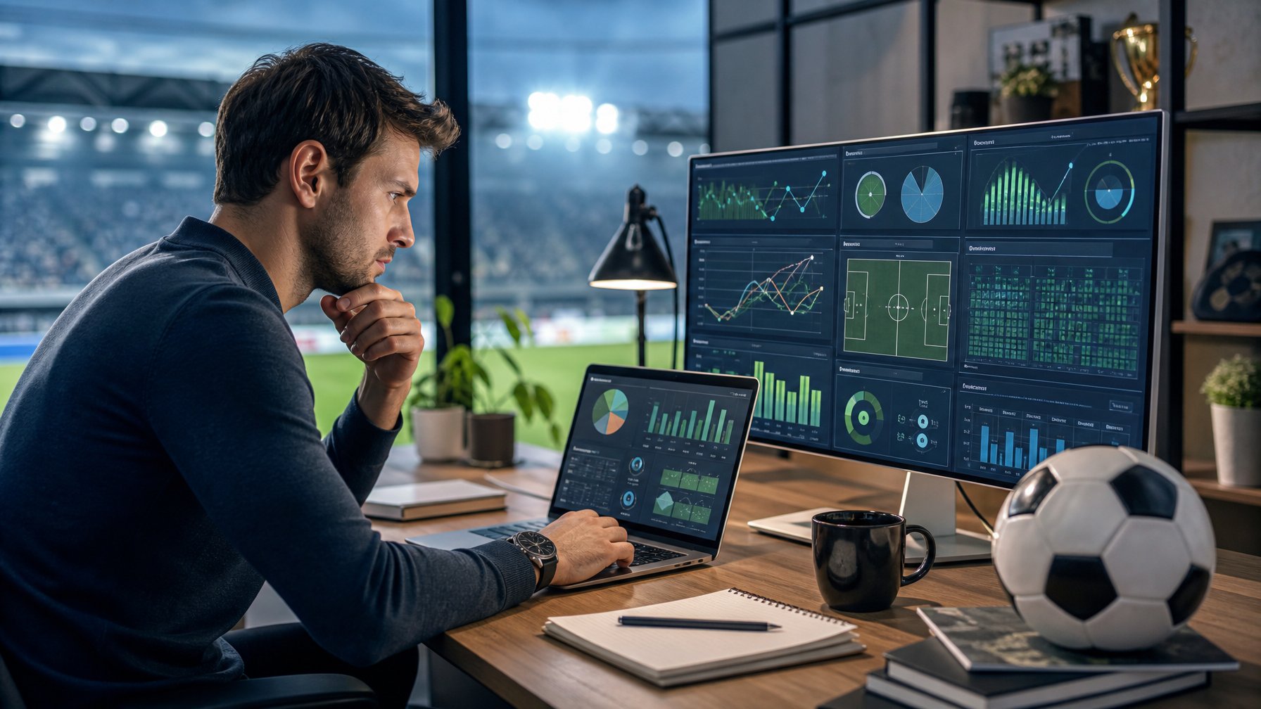 Seorang analis mempelajari statistik pertandingan sepak bola dan merencanakan taruhan secara bertanggung jawab di meja kerja.
