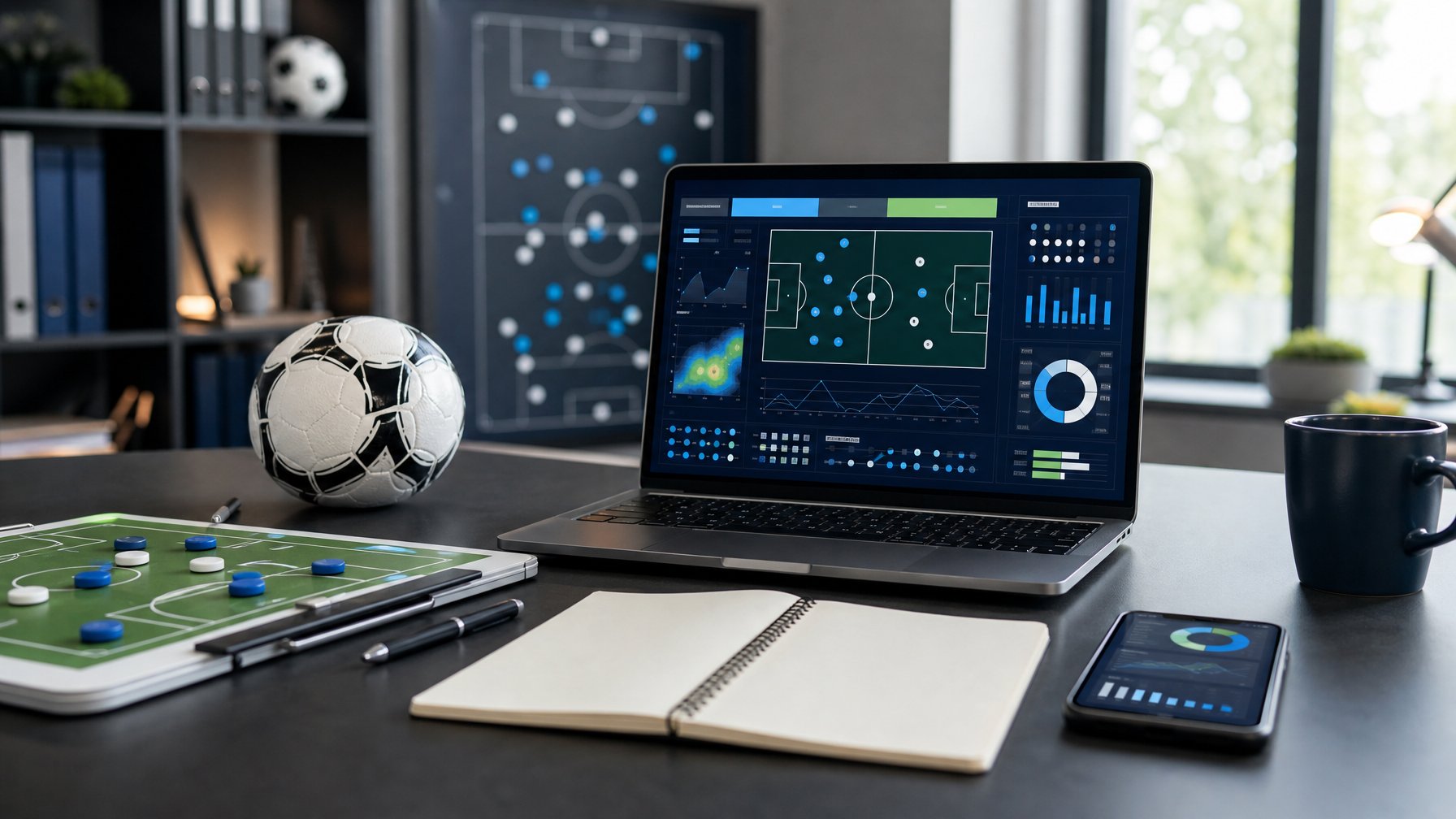 Meja analis dengan laptop berisi grafik pertandingan sepak bola, papan taktik, bola, dan catatan kosong.