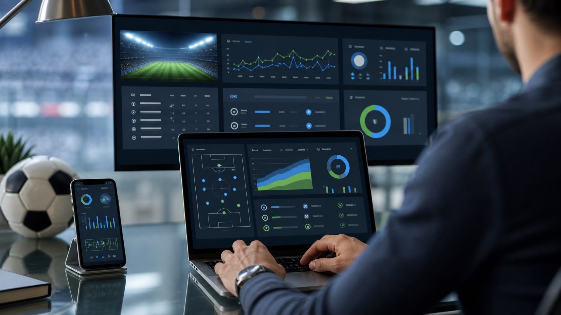 Seseorang menganalisis statistik pertandingan sepak bola melalui laptop dan ponsel di ruang kerja modern.