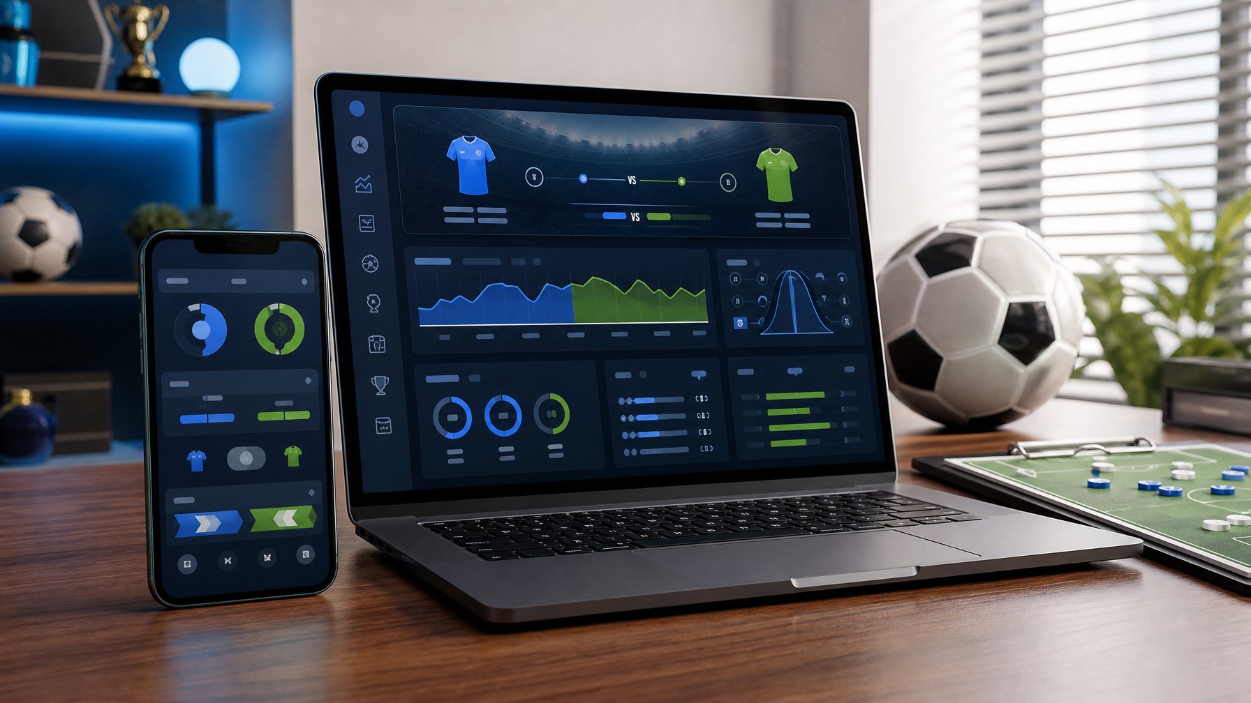 Laptop dan ponsel menampilkan analisis pertandingan sepak bola dengan grafik perbandingan handicap Asia di meja kerja modern.