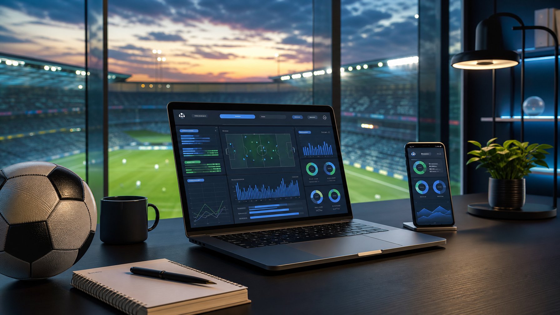 Ruang kerja modern dengan laptop dan ponsel yang menampilkan analisis pertandingan sepak bola, berlatar stadion bercahaya.