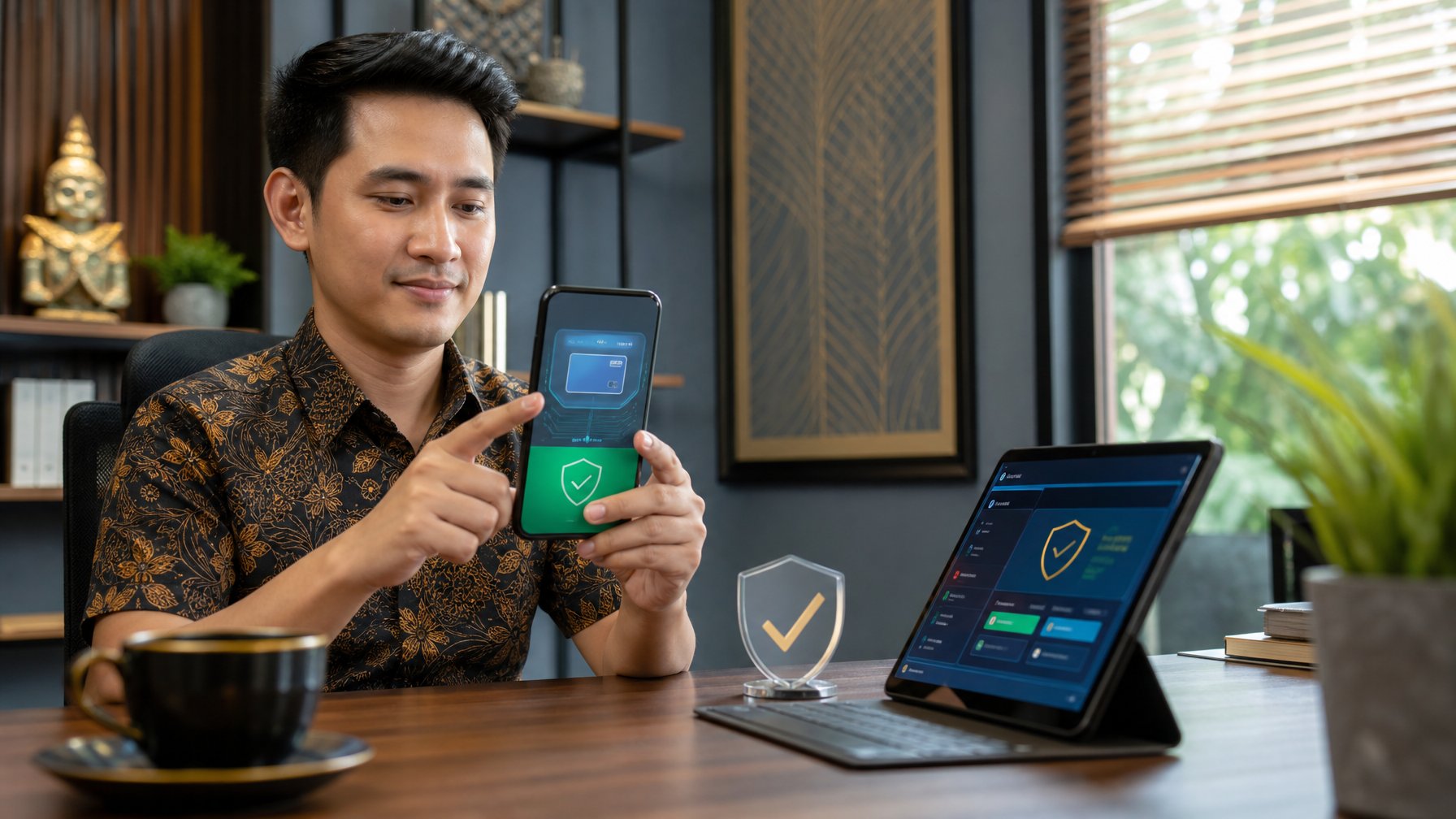 Orang dewasa menggunakan ponsel untuk melakukan pembayaran digital dengan simbol keamanan di ruang kerja modern.