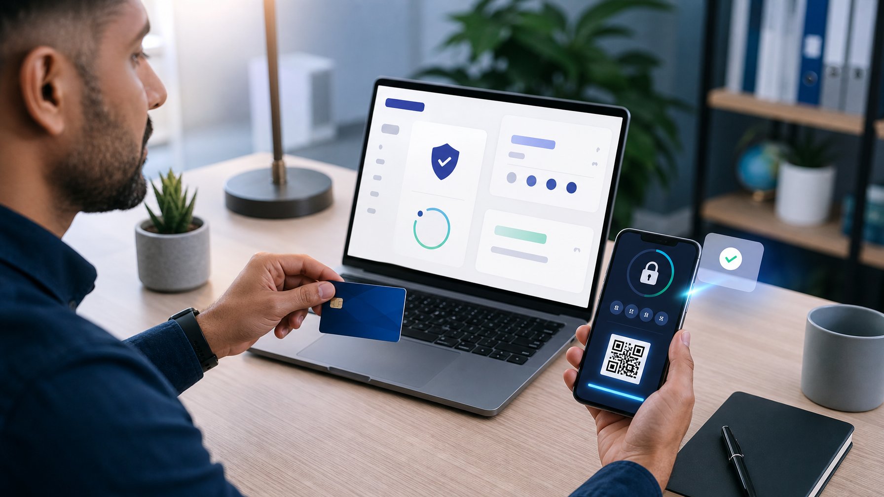 Seseorang menyiapkan akun dan melakukan pembayaran digital aman menggunakan laptop dan ponsel di meja kerja.