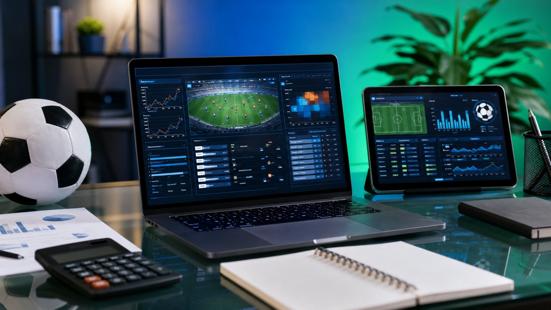 Laptop dan tablet menampilkan analisis statistik sepak bola di meja kerja modern dengan bola di sampingnya.