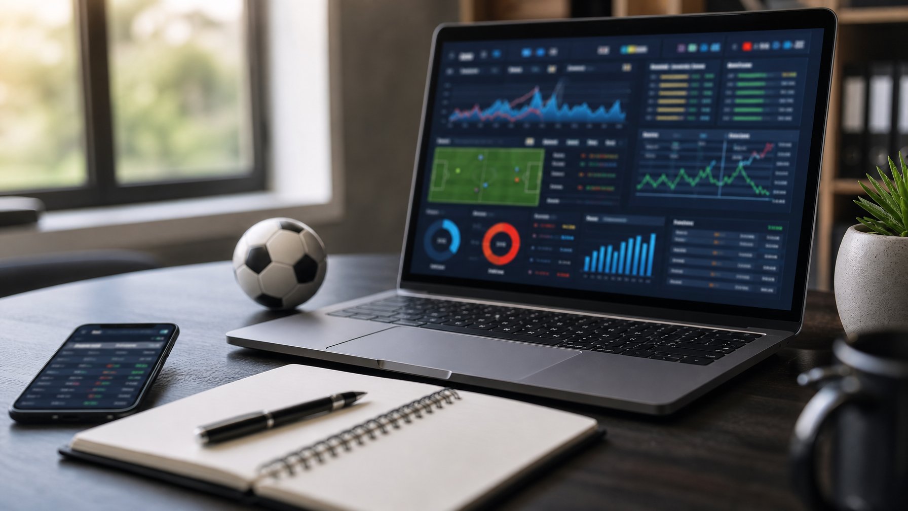 Laptop menampilkan analisis statistik pertandingan sepak bola di meja kerja dengan buku catatan dan ponsel.
