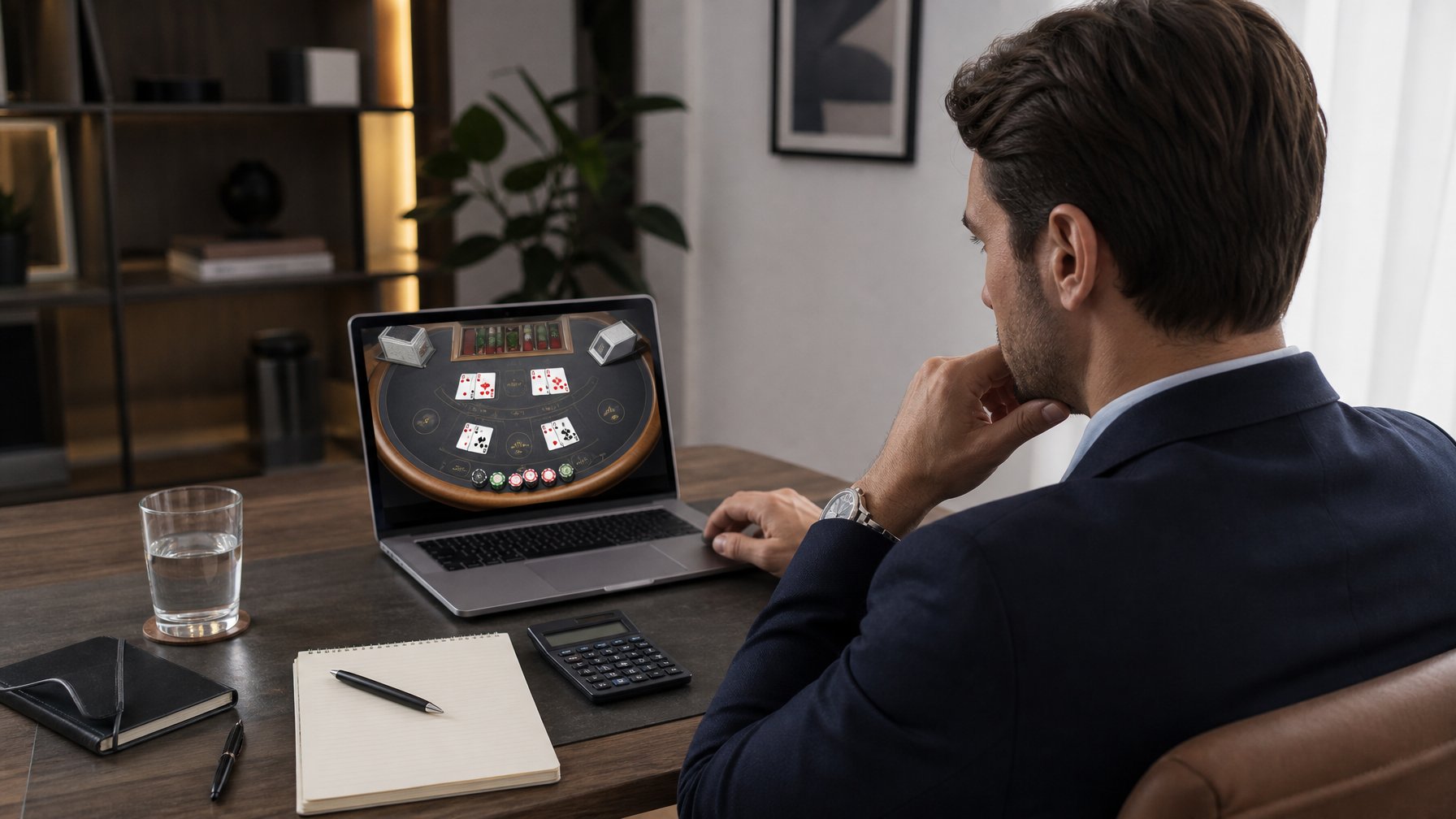 Seorang pemain dewasa melihat antarmuka permainan baccarat di laptop pada ruang kerja modern.