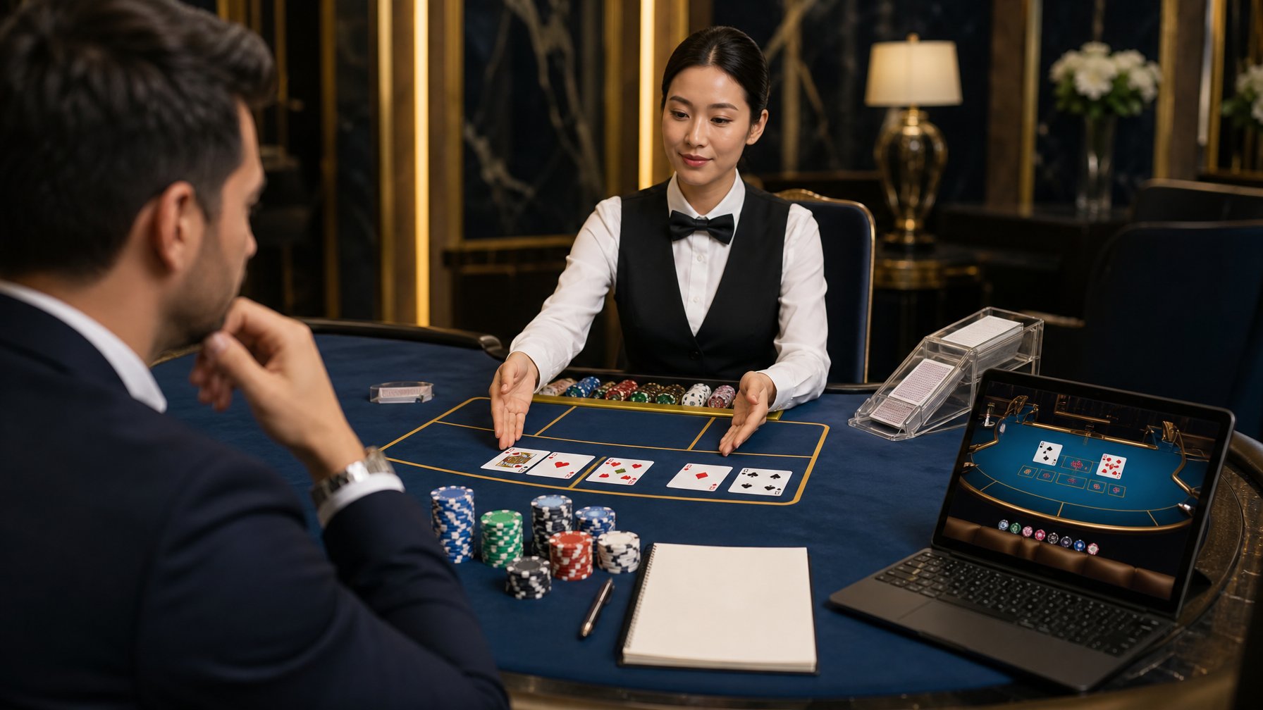 Meja baccarat dengan kartu, keping taruhan, dealer, dan perangkat yang menampilkan permainan kasino.