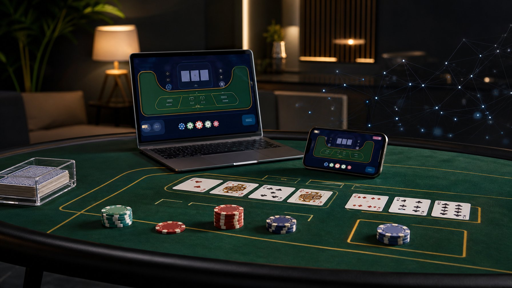 Meja baccarat dengan kartu, keping taruhan, dan perangkat digital dalam suasana elegan.