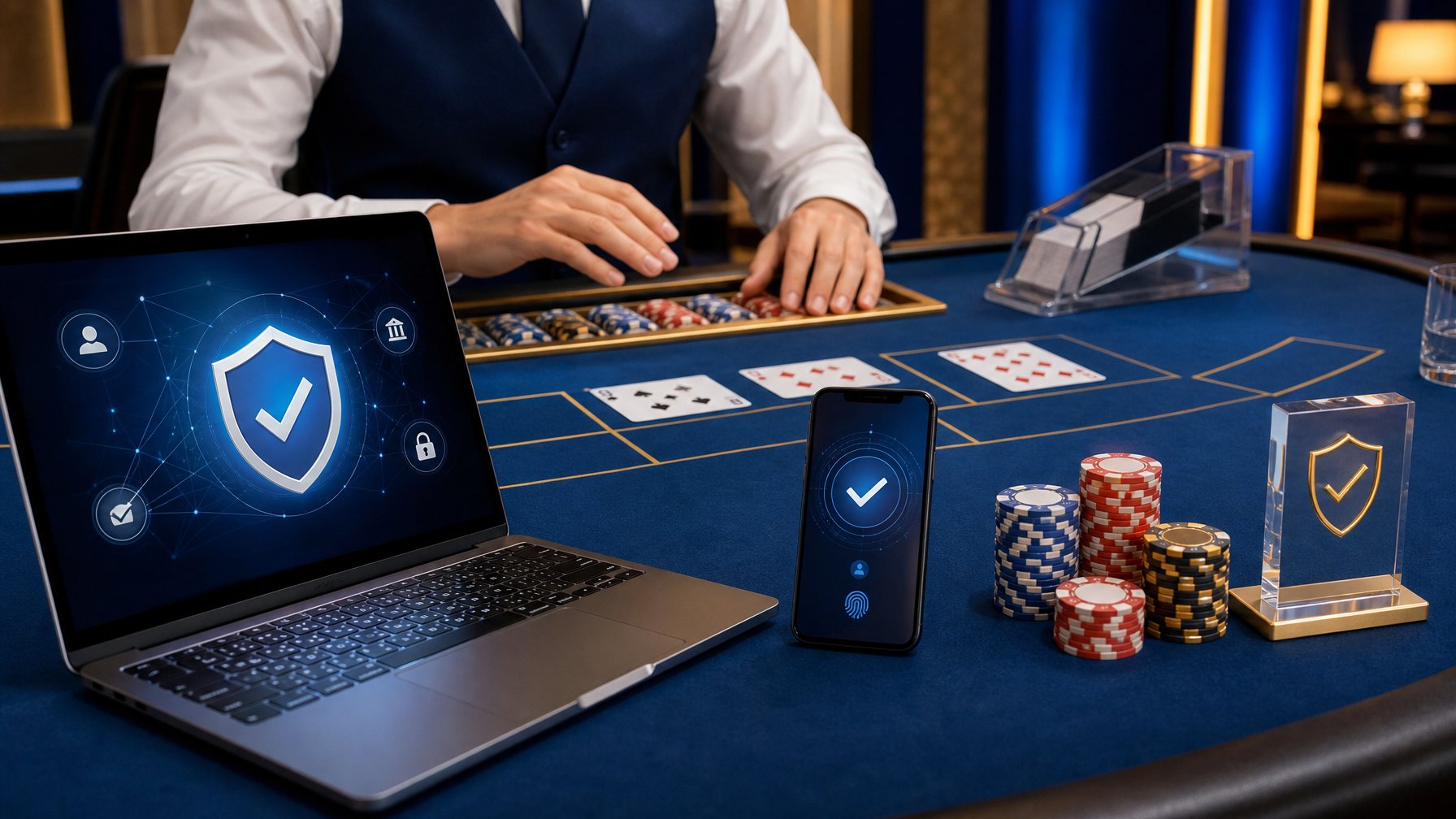 Meja baccarat dengan kartu, chip, laptop, dan ponsel dalam suasana ruang permainan modern.