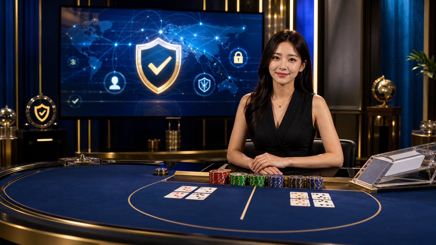Meja baccarat modern dengan dealer profesional, kartu dan keping kasino, serta simbol keamanan digital di latar belakang.