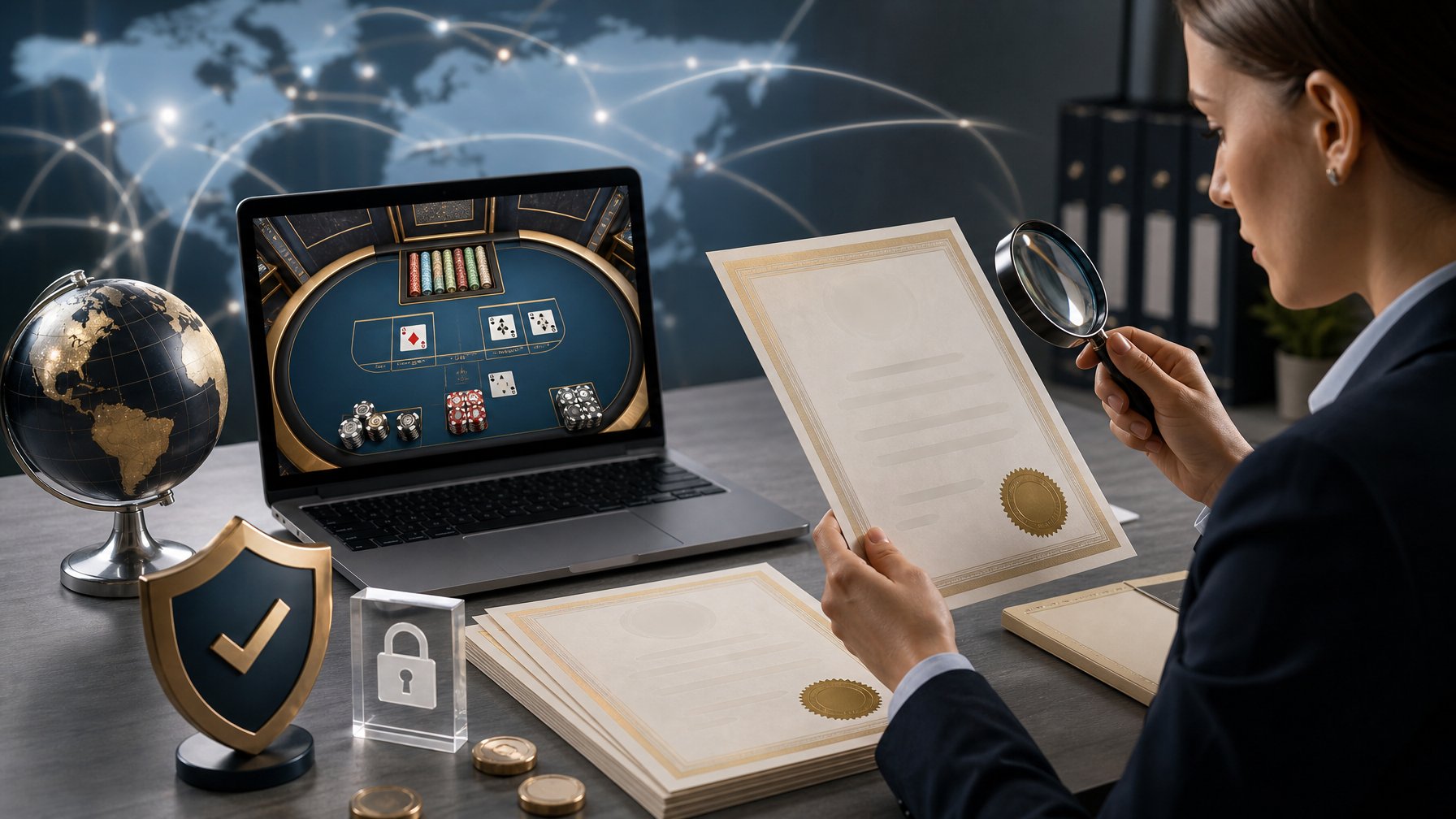 Seorang profesional memeriksa lisensi dan keamanan platform baccarat online di samping laptop dengan meja baccarat digital.