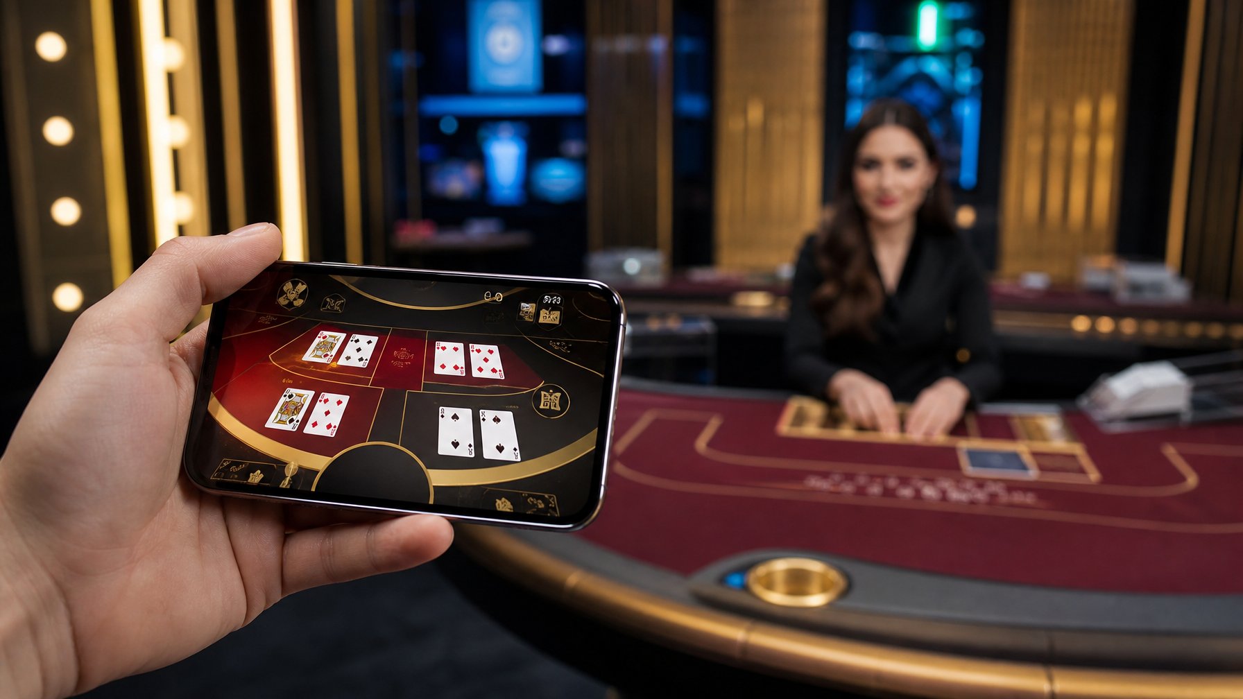 Ponsel menampilkan permainan baccarat di depan meja kasino dengan dealer.