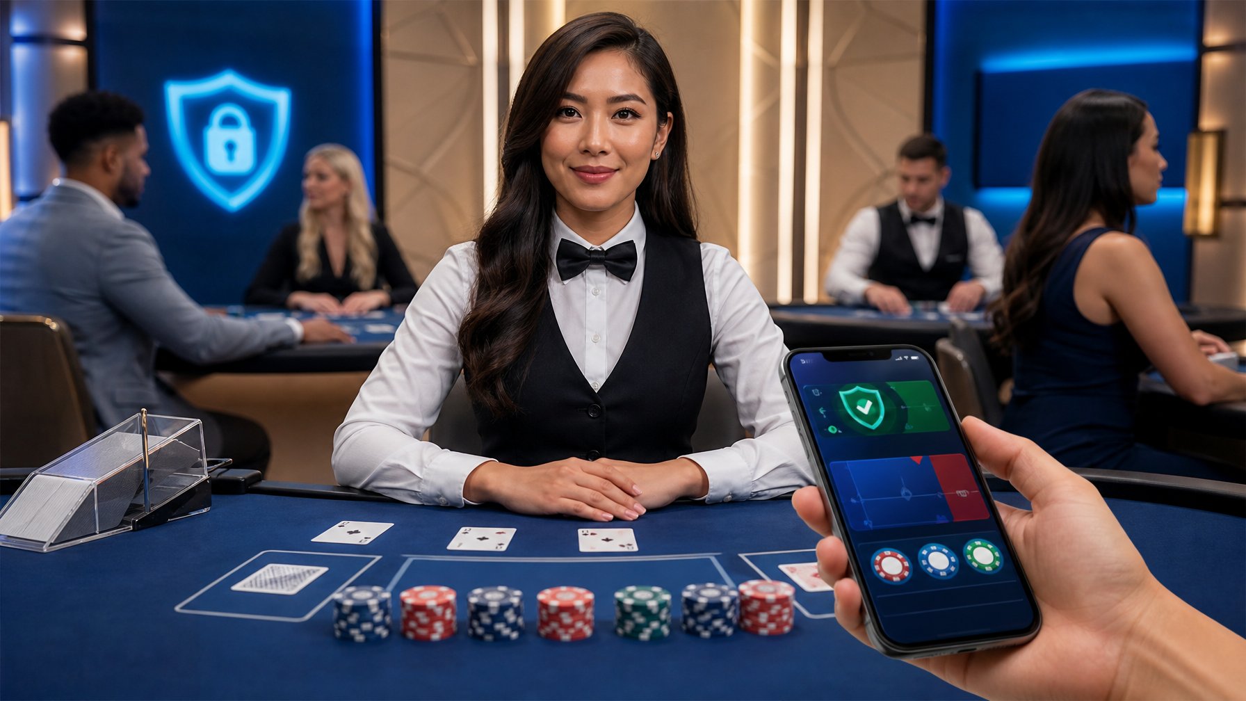 Dealer profesional di meja baccarat dengan ponsel yang menampilkan antarmuka kasino digital.