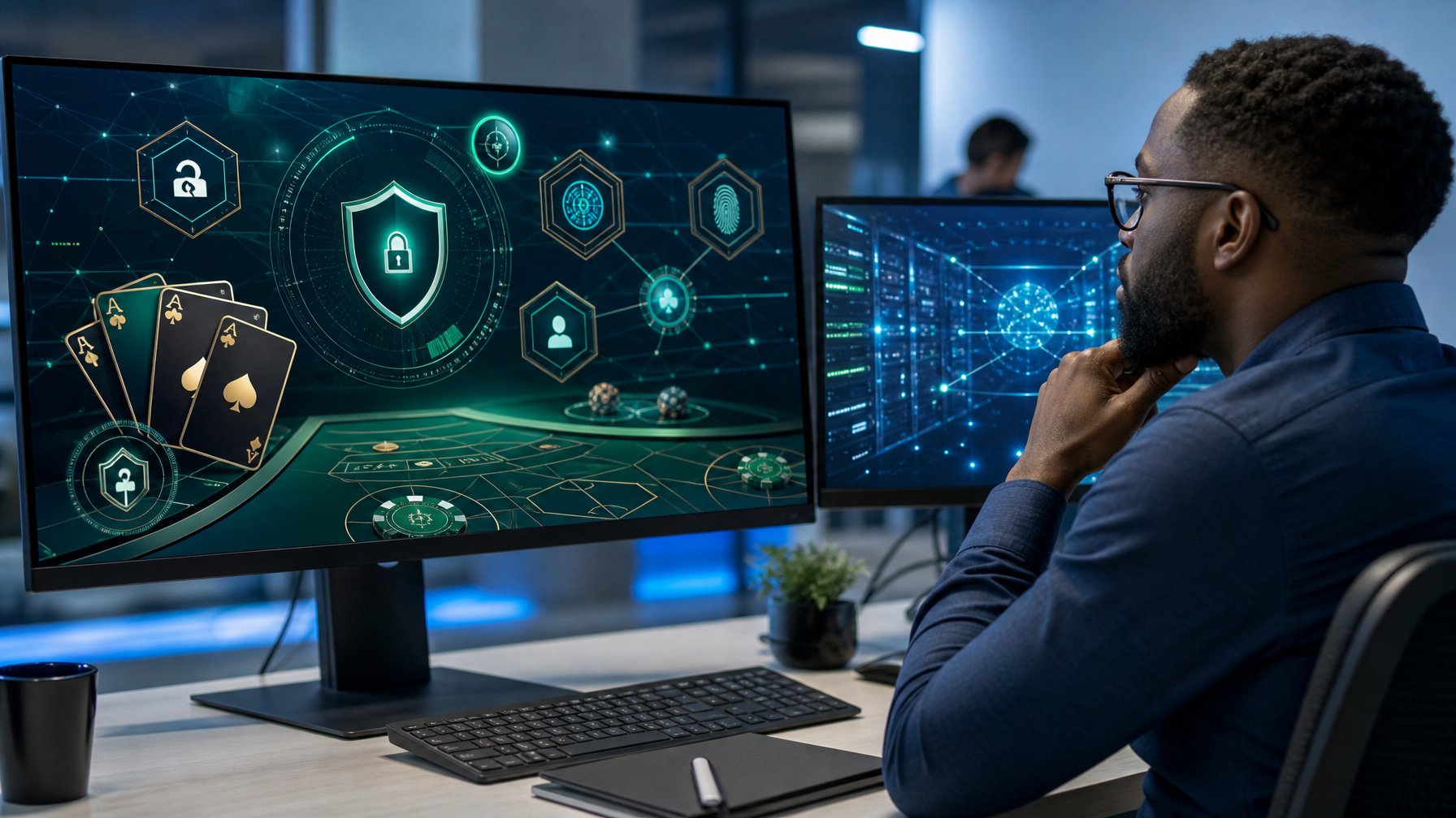 Analis keamanan siber memeriksa dasbor digital dengan simbol perlindungan data dan elemen kartu baccarat di ruang kerja modern.