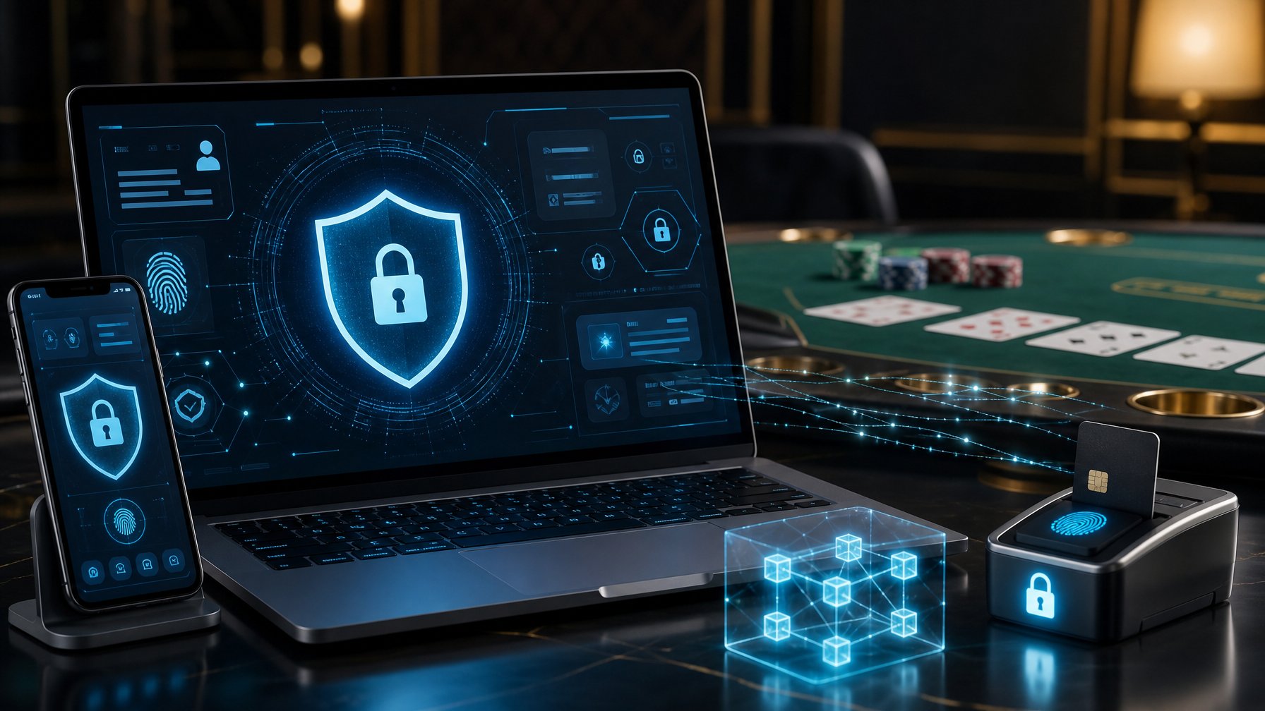 Perangkat digital menampilkan simbol keamanan, enkripsi, dan transaksi terlindungi dalam suasana permainan baccarat online.