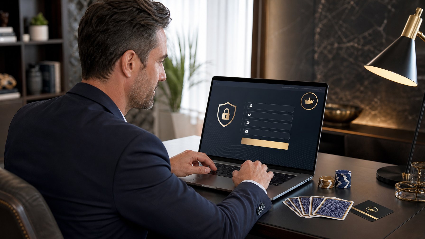 Orang dewasa menggunakan laptop untuk mendaftarkan akun VIP pada platform baccarat online, dengan kartu dan keping permainan di atas meja.