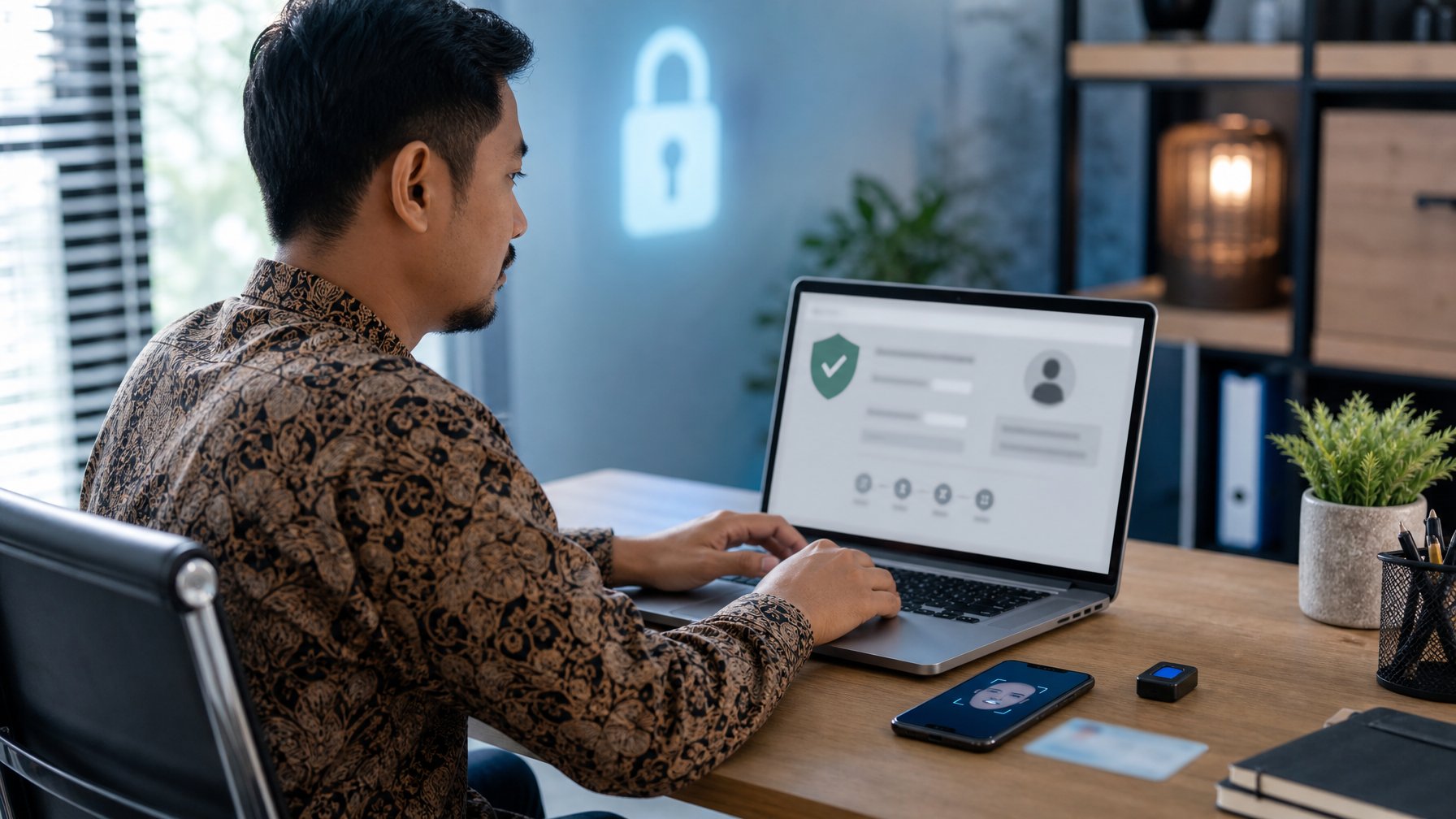 Seorang dewasa menyelesaikan verifikasi akun secara aman di laptop dengan ponsel dan dokumen identitas yang disamarkan.