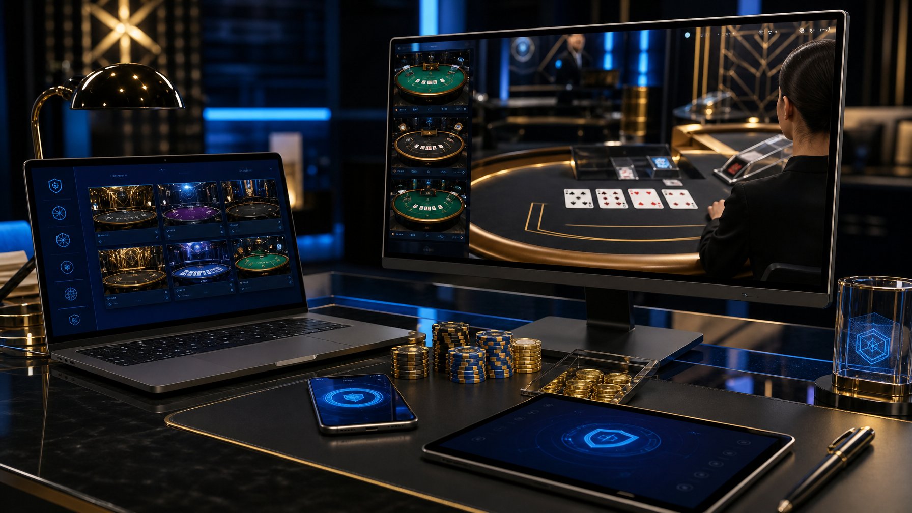 Laptop menampilkan permainan baccarat digital di ruang modern dengan kartu dan pencahayaan elegan.