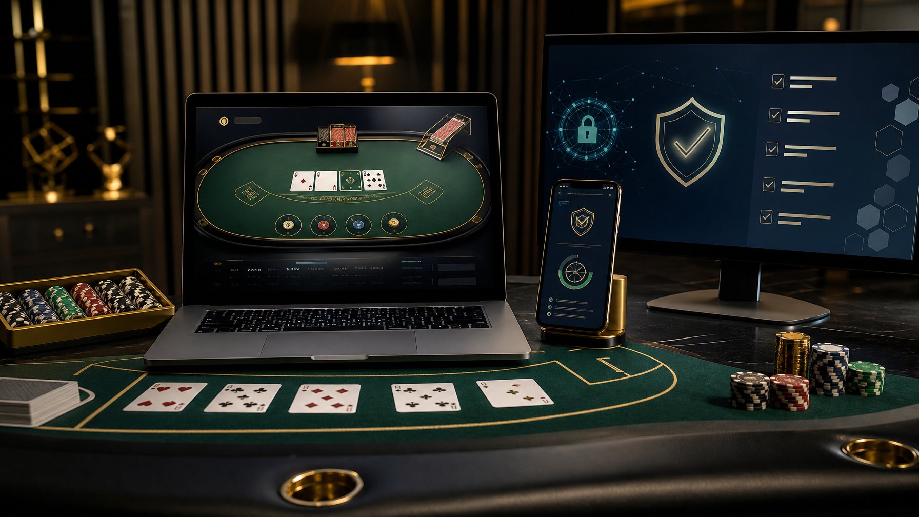 Laptop dan monitor menampilkan antarmuka baccarat digital dengan simbol keamanan, disertai kartu dan keping kasino di meja.