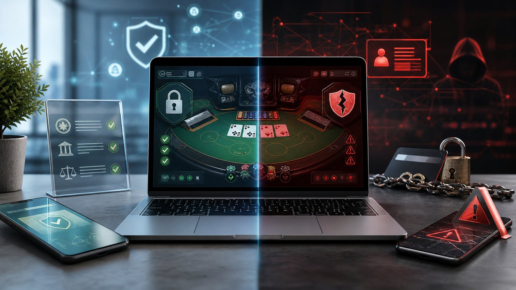 Laptop menampilkan perbandingan visual antara platform baccarat online yang aman dan situs palsu.