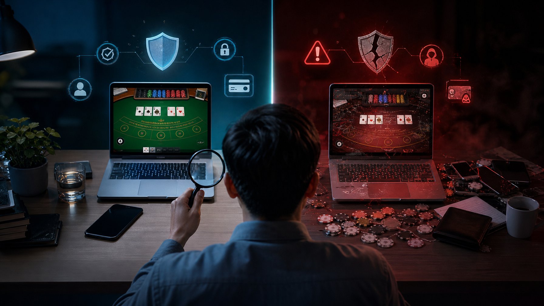 Seseorang membandingkan dua platform baccarat online, satu tampak aman dan satu tampak mencurigakan.