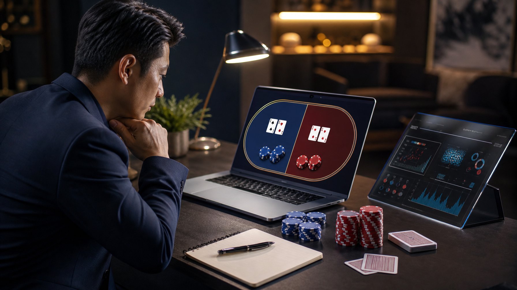 Seorang pemain dewasa menganalisis pilihan banker atau player pada laptop dengan kartu dan chip baccarat di meja.