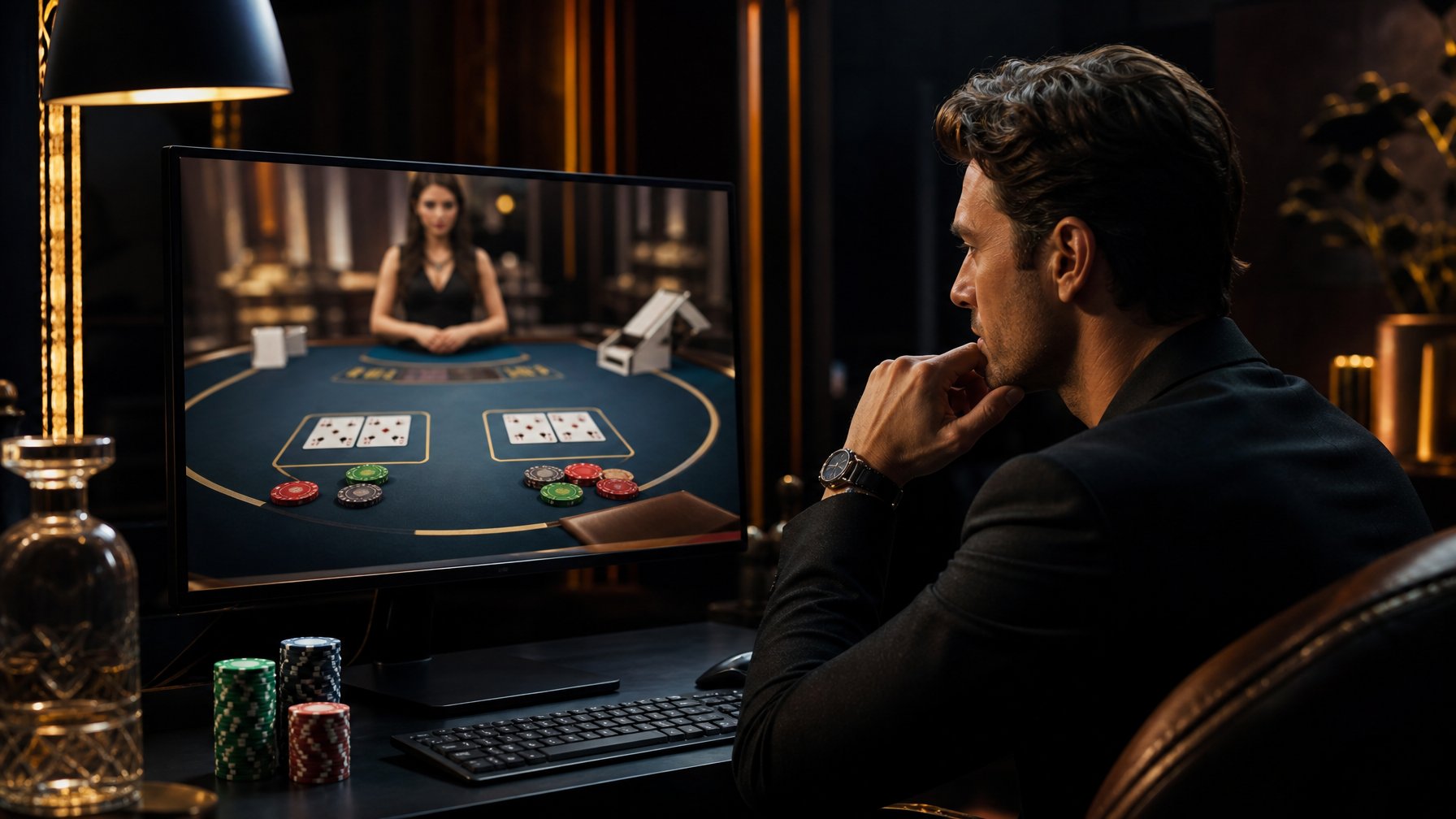 Seorang pemain menganalisis kartu dan keping di meja baccarat melalui layar komputer.