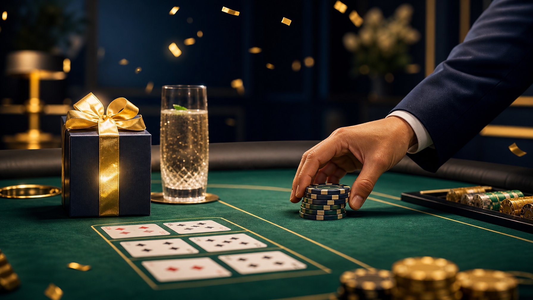 Meja baccarat elegan dengan kartu, chip kasino, kotak hadiah, dan konfeti emas.