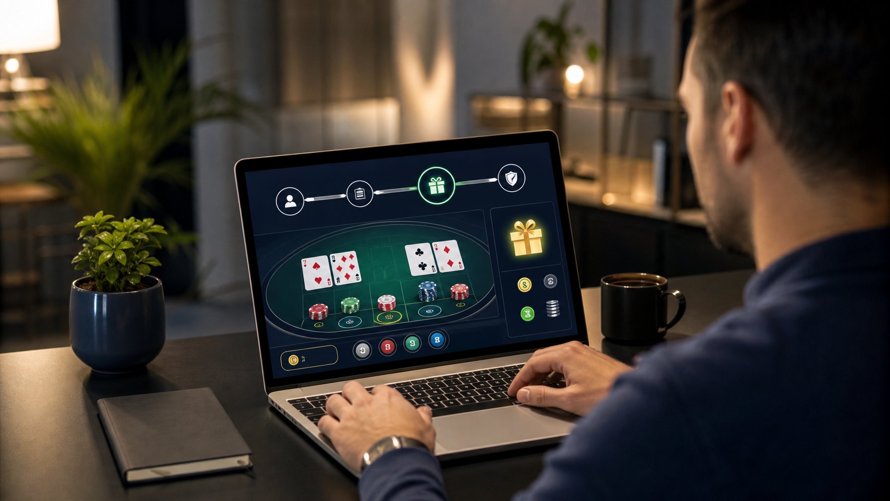 Seseorang menggunakan laptop dengan tampilan abstrak permainan baccarat dan ikon bonus sambutan.