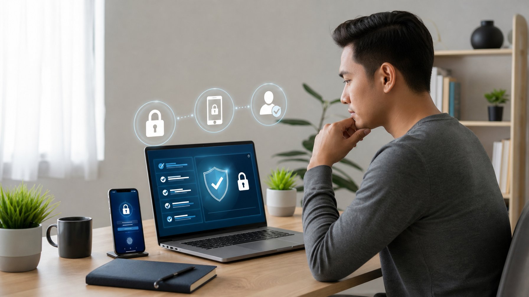 Pemula memeriksa keamanan platform online menggunakan laptop dan ponsel di meja kerja.