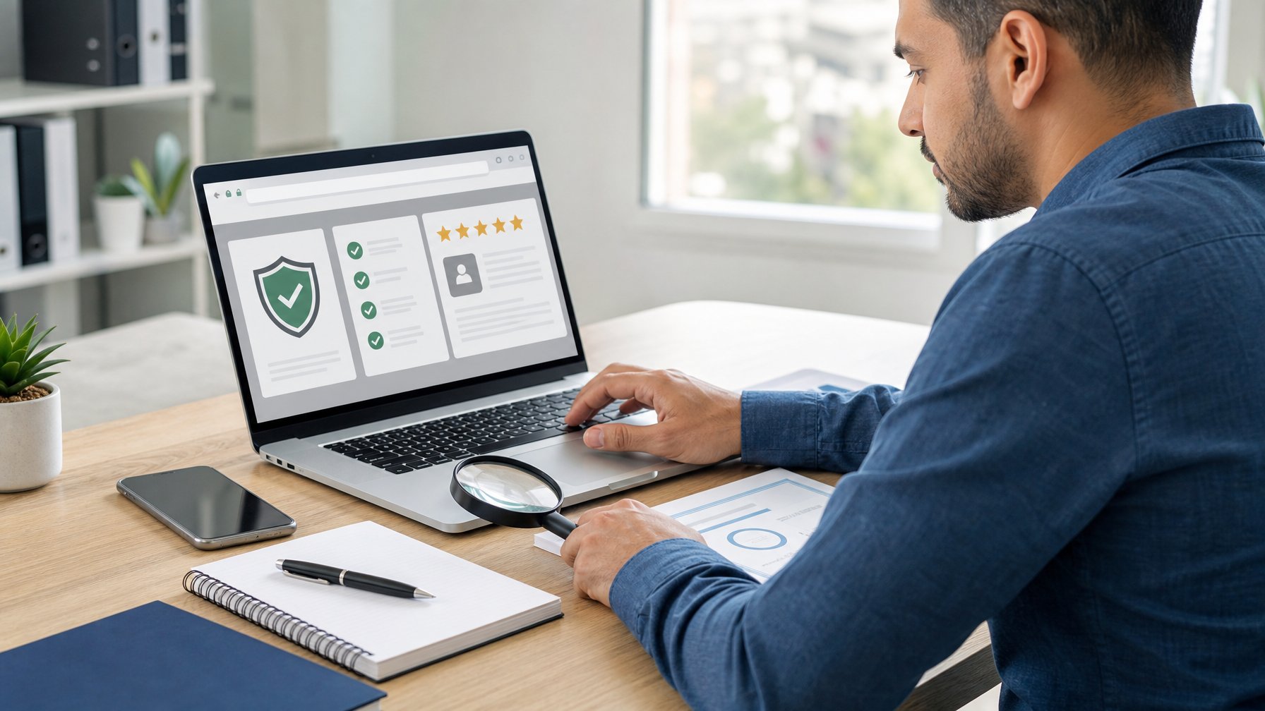 Pemula memeriksa legalitas dan reputasi platform online menggunakan laptop dengan dokumen dan simbol keamanan di meja.