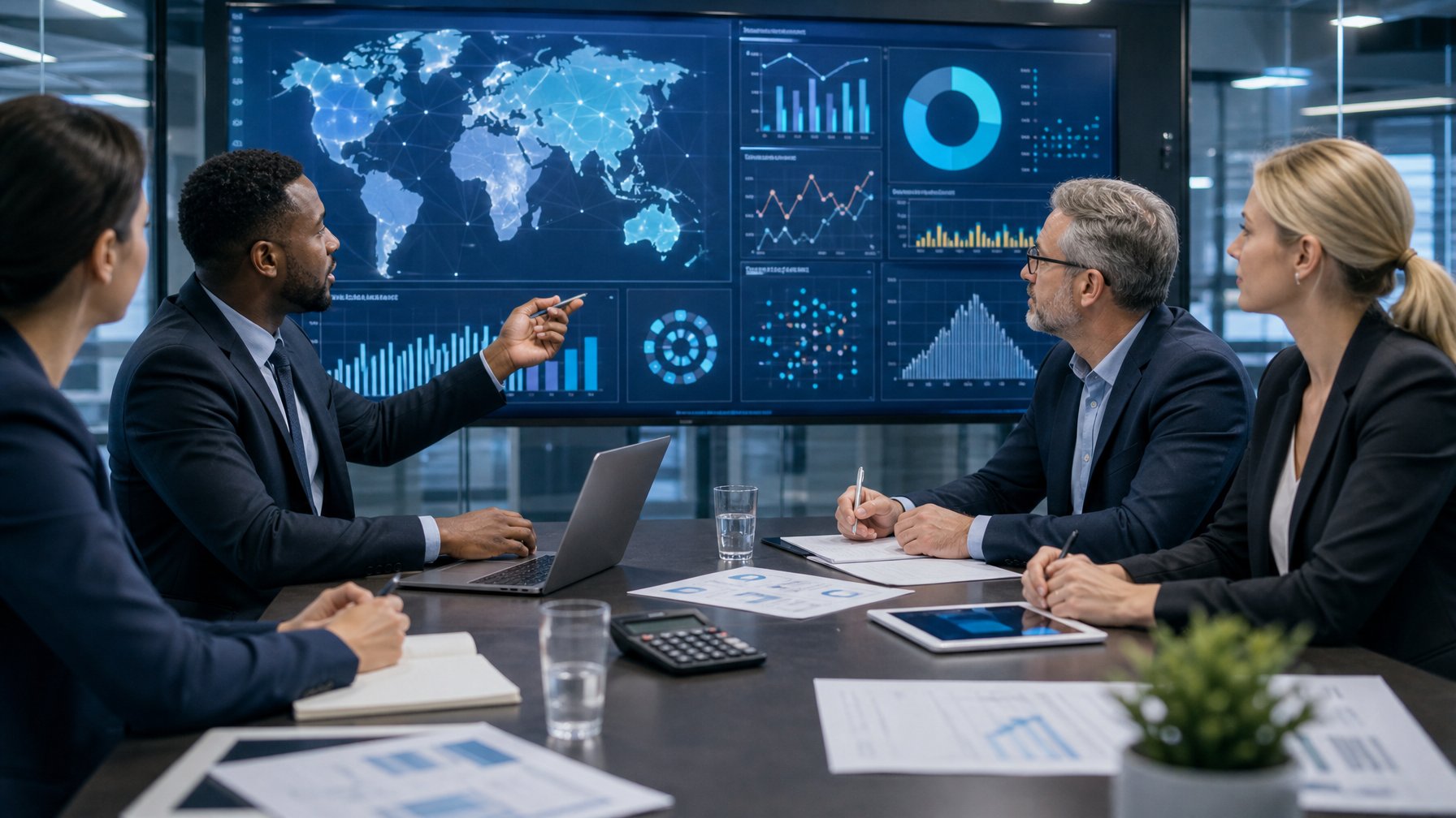 Tim profesional menganalisis data pasar lotere global pada ruang kerja modern.