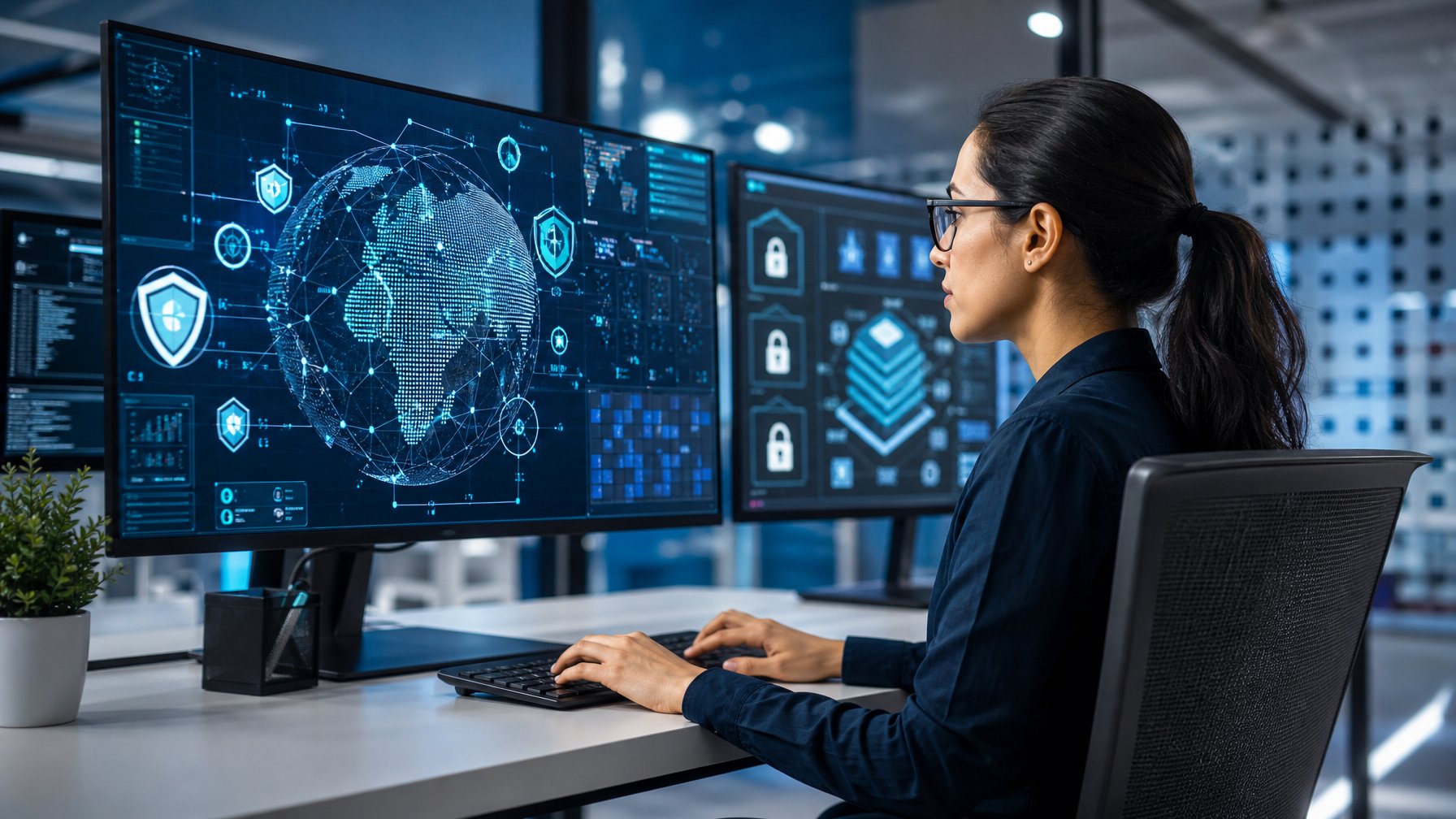 Analis keamanan siber memeriksa data keamanan digital pada beberapa monitor di kantor modern.