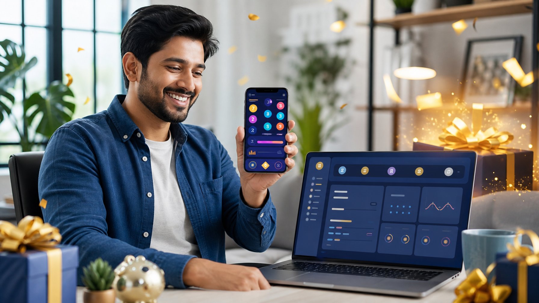 Orang dewasa tersenyum menggunakan ponsel dan laptop dengan tampilan permainan angka abstrak serta hiasan konfeti dan hadiah.